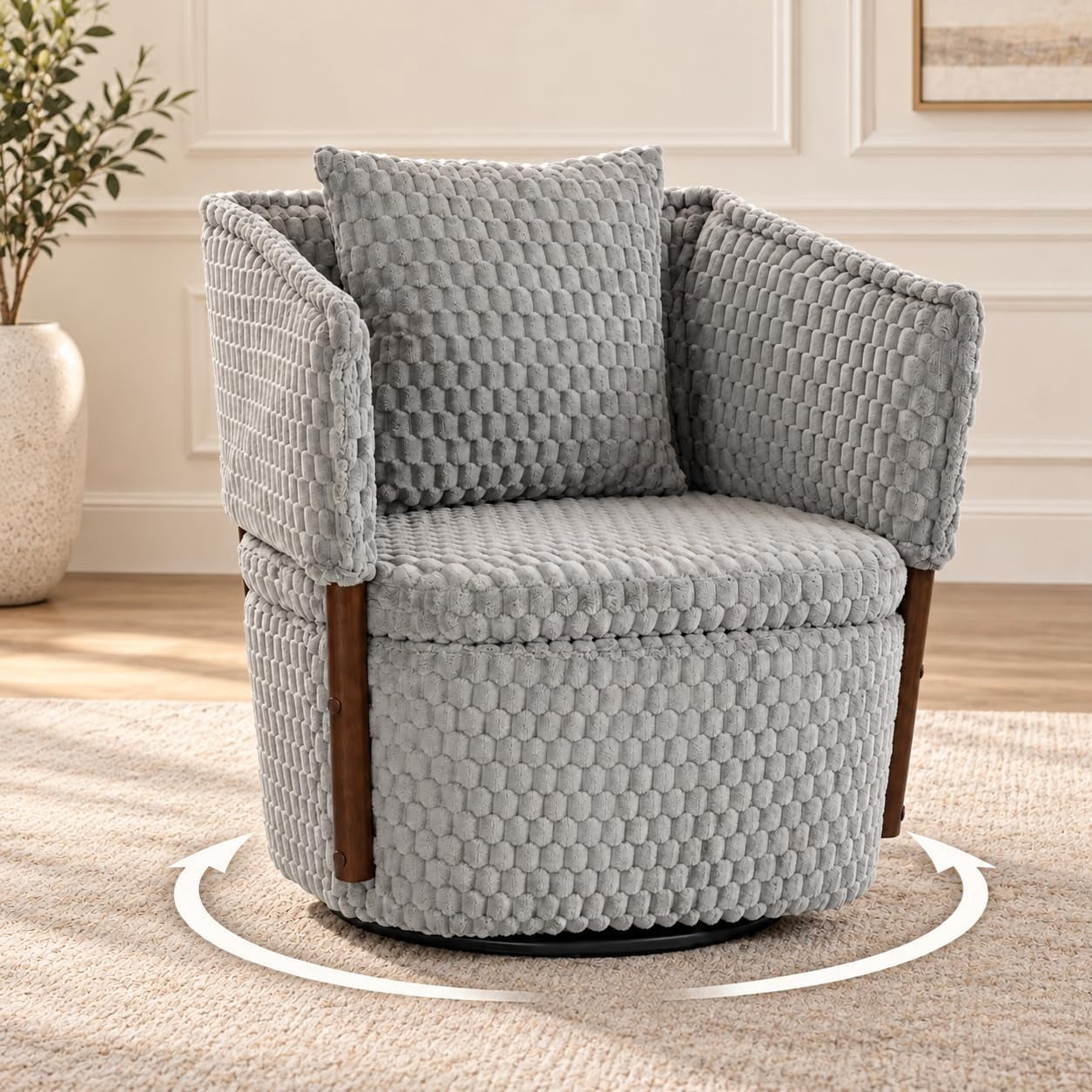 MOONIMSS 360°Swivel Accent Chair, Corduroy Vanity Chair with Storage,Gray