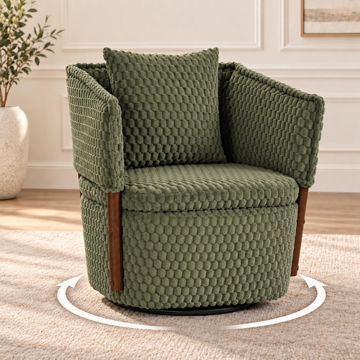 MOONIMSS 360°Swivel Accent Chair, Corduroy Vanity Chair with Storage,Green