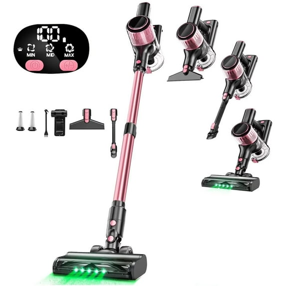MOONJJ 350W Cordless Vacuum Cleaner, 30Kpa 8 in 1 Lightweight Stick Vacuum, Anti-Tangle Brush with Green Light, 40mins Runtime Rechargeable Vacuums for Hardwood Floor, Carpet, Pet Hair, Pink