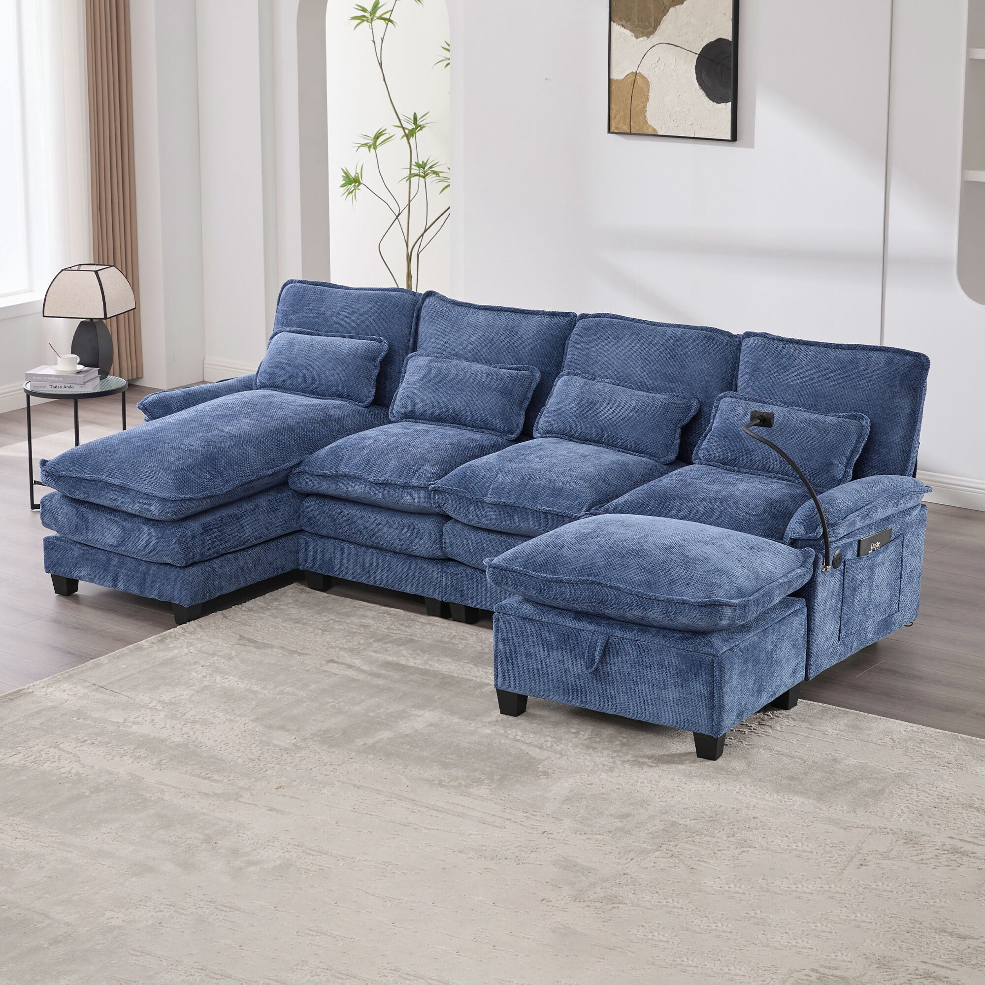 MOONMIS 106" U Shape Sectional Sofa Cloud Couch for Living Room, Upholstery Comfy Modular Sofas, 4 Seat Chenille U-Shaped Sleeper Sofa with Chaise Lounge, Ottoman & Pillows