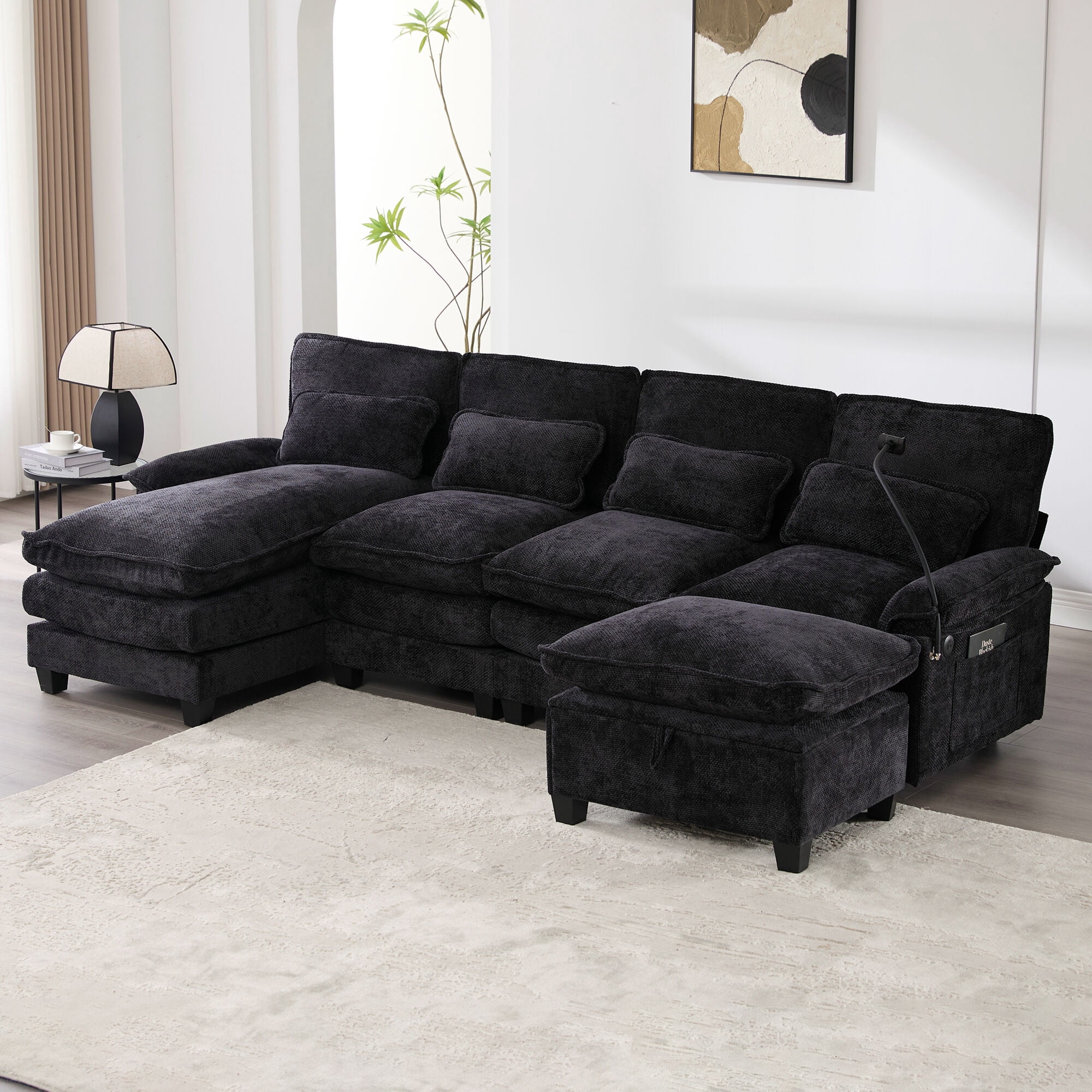 MOONMIS 106" U Shape Sectional Sofa Cloud Couch for Living Room, Upholstery Comfy Modular Sofas, 4 Seat Chenille U-Shaped Sleeper Sofa with Chaise Lounge, Ottoman & Pillows