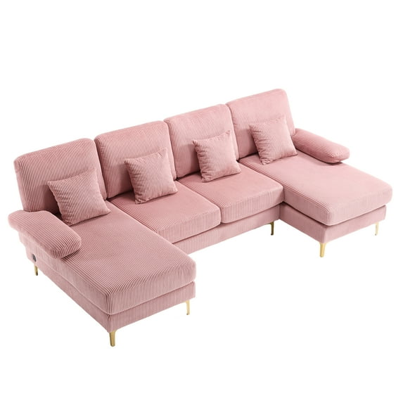 MOONMISS 104" Sectional Couches for Living Room Modular Sofa with Double Chaise U- Shaped Sofa Set with Corduroy Fabric,Pink
