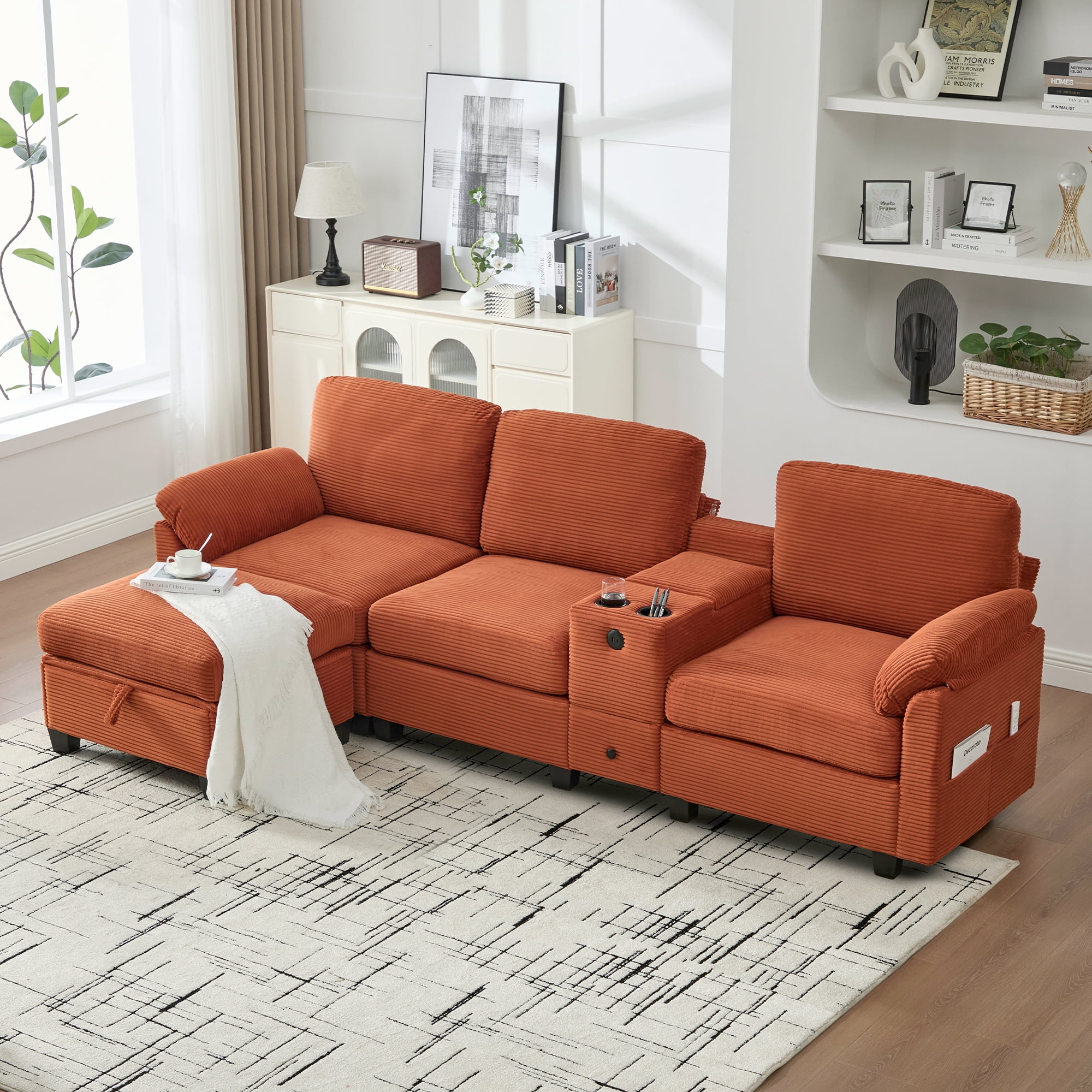 MOONMISS 105" L-Shaped Corduroy Modular Sectional Sofa with 1 Ottoman and Multi Functional Console, 3-Seater Upholstered Couch with USB and 2 Cup Holder, Easy Assembly, for Living Room,Orange
