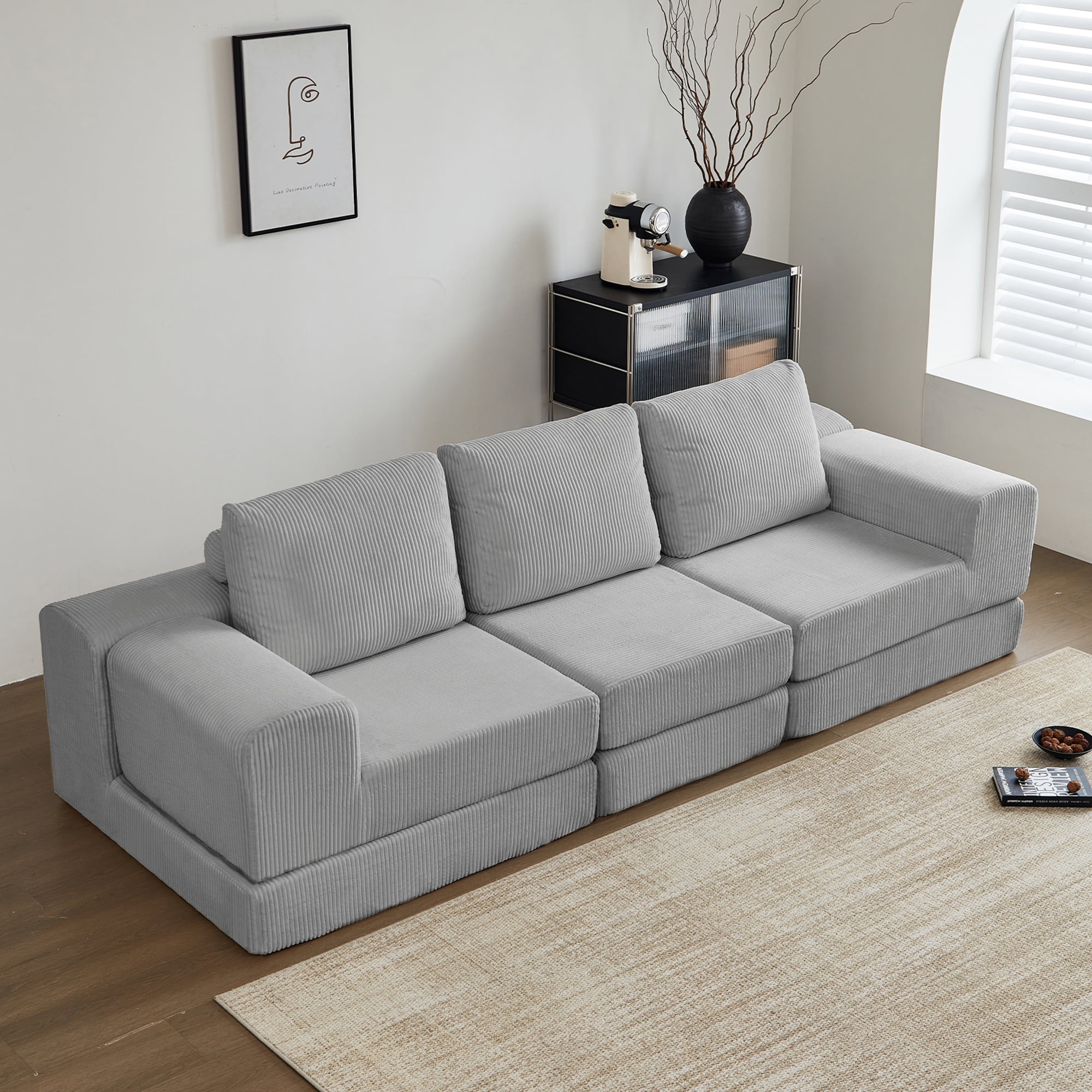 MOONMISS 108" Corduroy Upholstered Modular Oversized 3-Seater Convertible Comfy Compressed Sofa-Gray