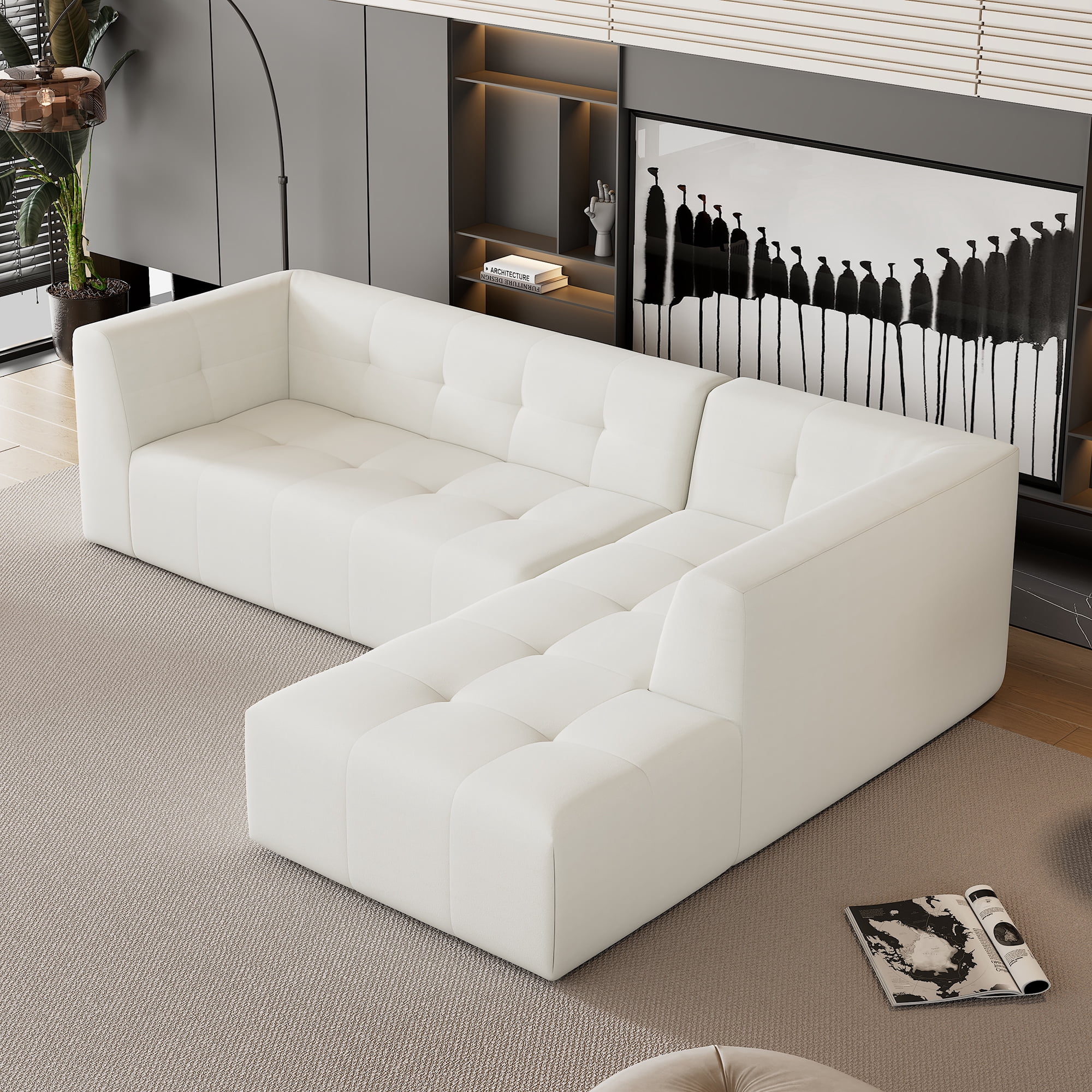 MOONMISS 112.2" Chenille L-Shaped Modern Minimalist Modular Free Combination Living Room Sofa-Beige