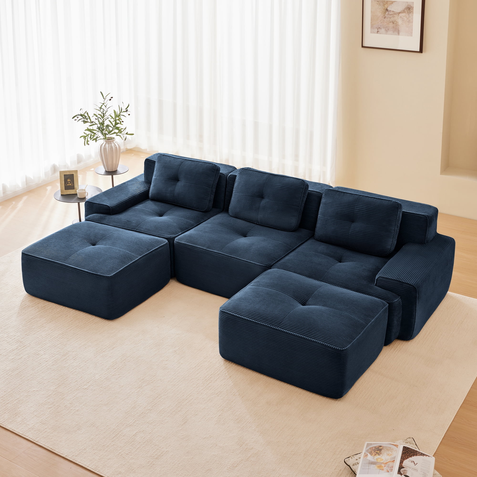 MOONMISS 117" Modern Corduroy Boneless Love Seat Couches with 2 Ottoman, 3 Seater Large Sectional Couches for Living Room, No Assembly,Blue