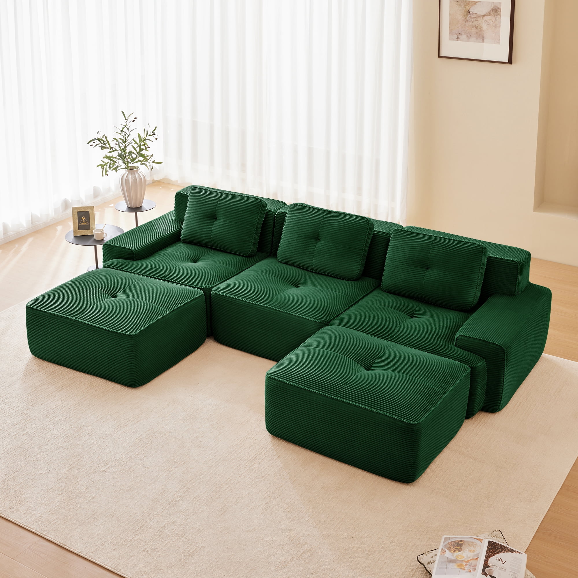 MOONMISS 117" Modern Corduroy Boneless Love Seat Couches with 2 Ottoman, 3 Seater Large Sectional Couches for Living Room, No Assembly,Green