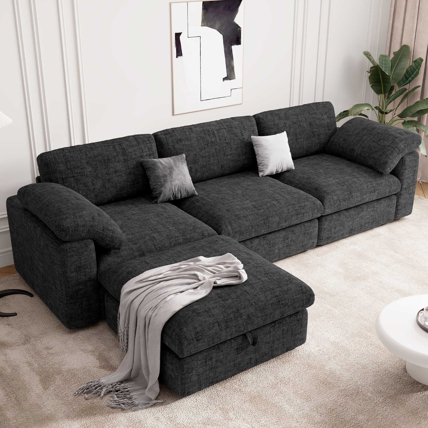 MOONMISS 118" Oversized Modular Sectional Sofa, L Shaped 3 Seaters with Storage Ottoman Cloud Couch Sofa Set, Modern Convertible Chenille Deep Seat Sectional Couches for Living Room,Black