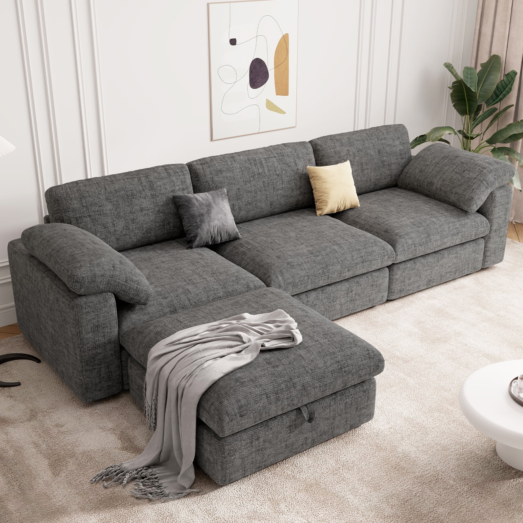MOONMISS 118" Oversized Modular Sectional Sofa, L Shaped 3 Seaters with Storage Ottoman Cloud Couch Sofa Set, Modern Convertible Chenille Deep Seat Sectional Couches for Living Room,Gray