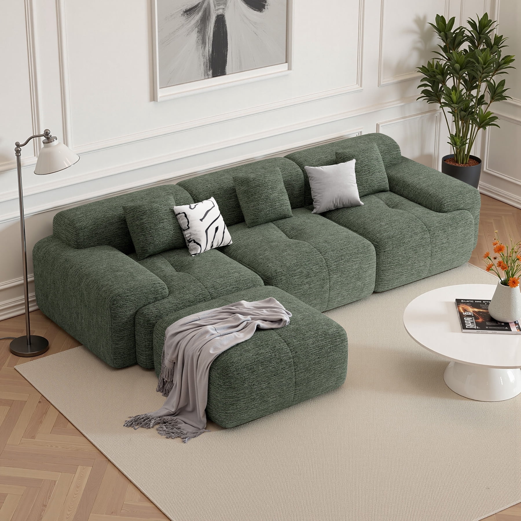 MOONMISS 122" Modern L Shaped Modular Sectional Sofa, Boneless Couches for Living Room with Ottoman,4 Seater Convertible Chenille Cloud Couch Sofa Set, No Assembly Required,Green