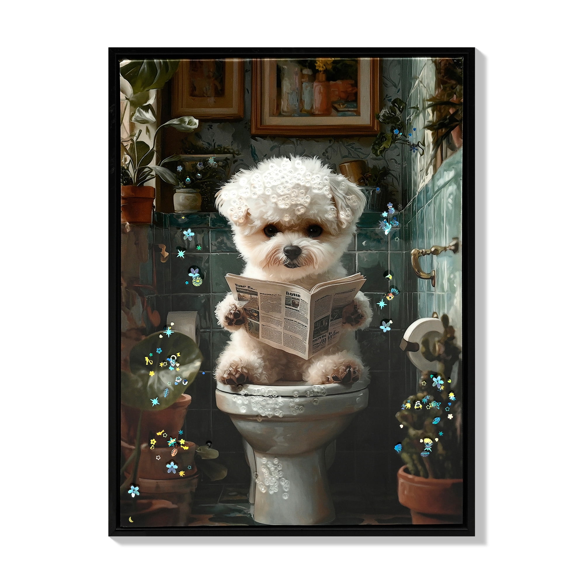 MOONMISS 12x16in Funny Puppy Canvas Print – Framed 3D Bathroom Wall Art,Cute Dog Picture,Ready to Hang Home Decor