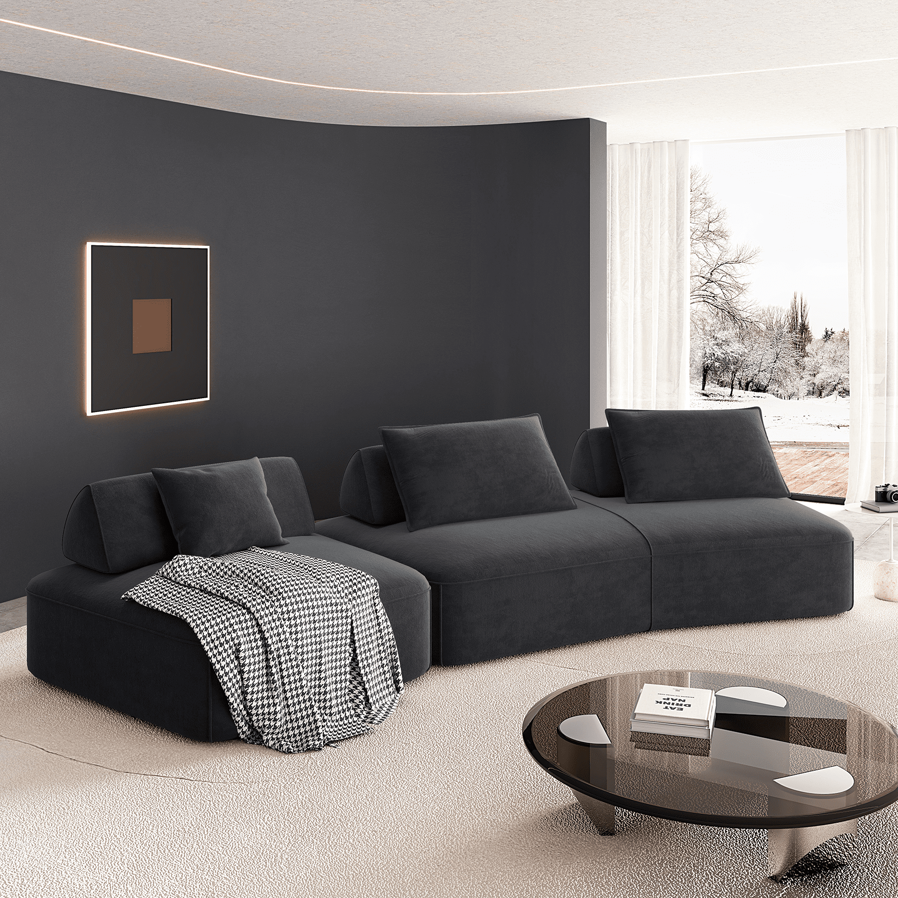 MOONMISS 139" Modern Light Luxury Oversized Modular Sectional Sofa Set,DIY Upholstered Fluffy Chenille Sofa with Removable Backrests and Soft Pillows for Living Room,Office,Dark Grey