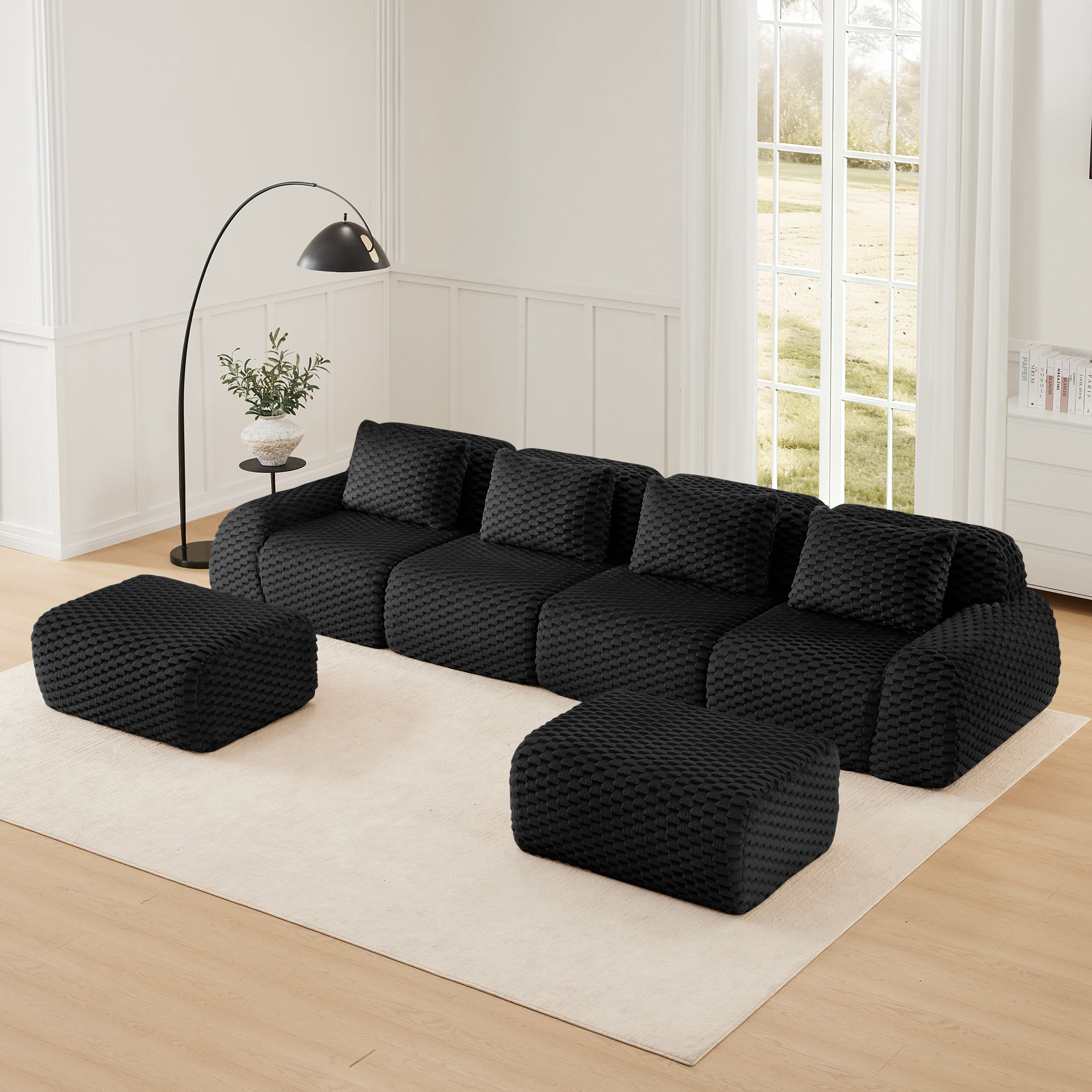 MOONMISS 146" U-Shaped Modular Sectional Sofa for Living Room,Flannelette Fabric,Oversized 4-Seater Couch with 2 Movable Ottoman,Black