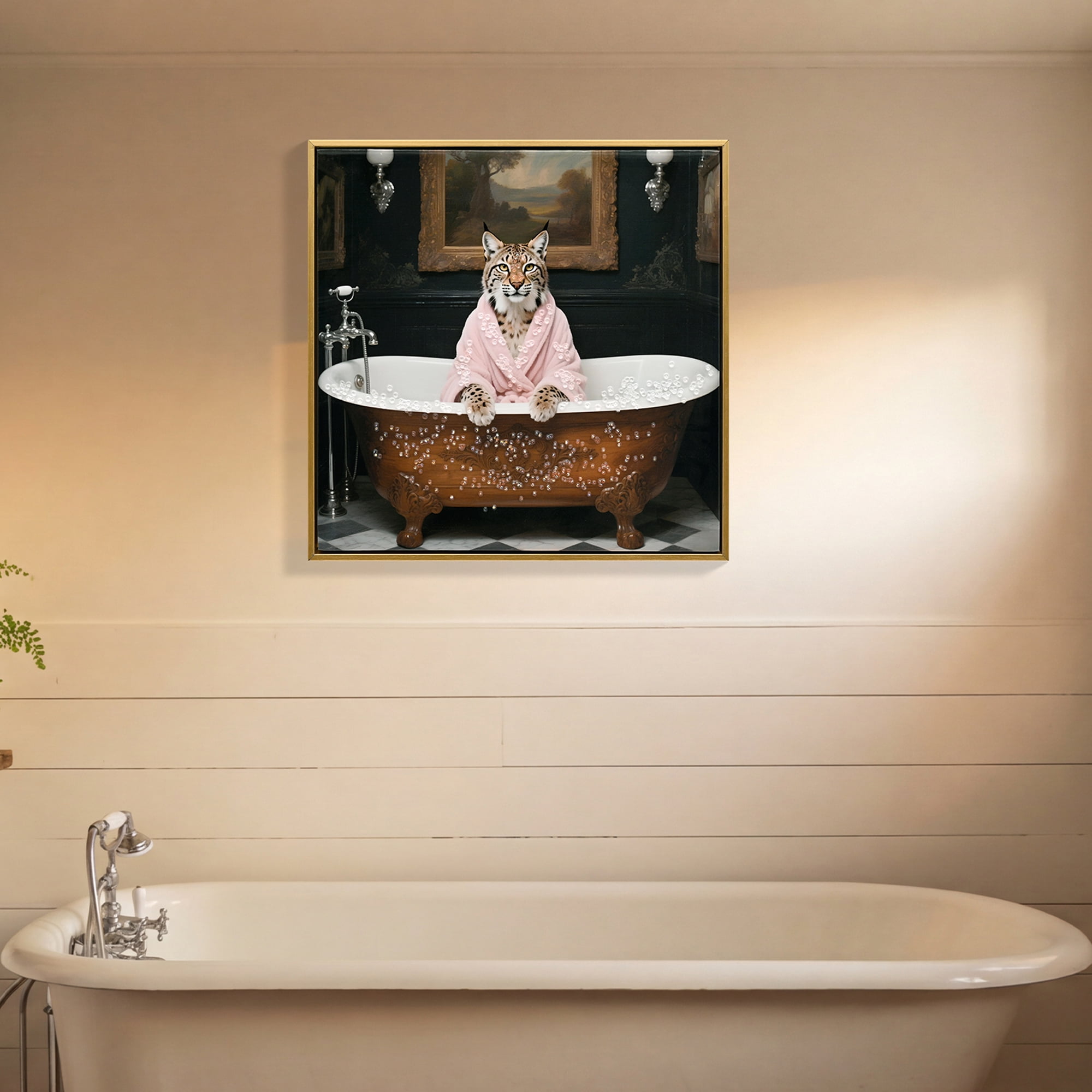 MOONMISS 16x16IN Tiger in Bathtub Canvas Print Framed Wood Bathroom Wall Art Funny Animal Picture Home Decor