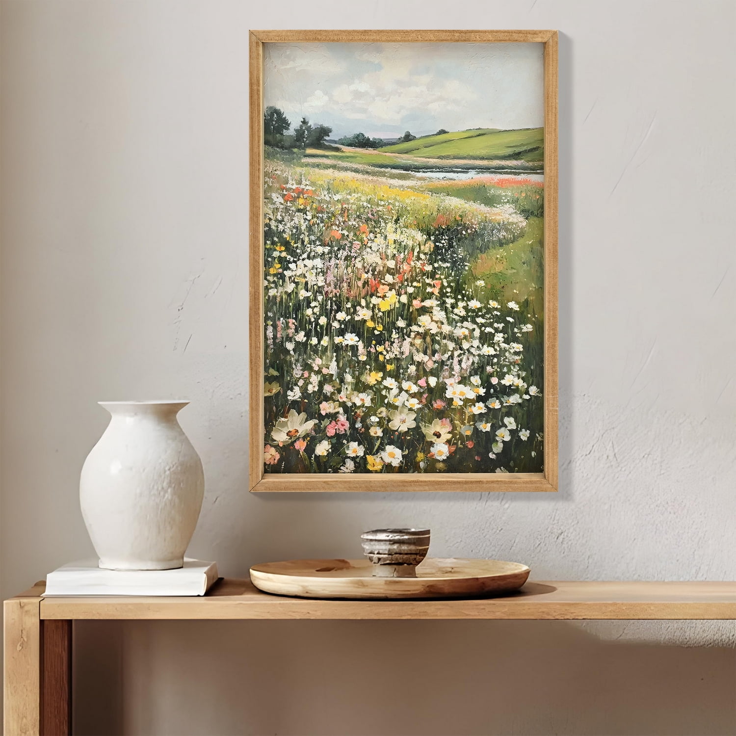 MOONMISS 16x24in Wildflower Meadow Painting Framed Canvas Wall Art Vintage Rustic Landscape for Living Room Bedroom Decor Green Yellow Brown