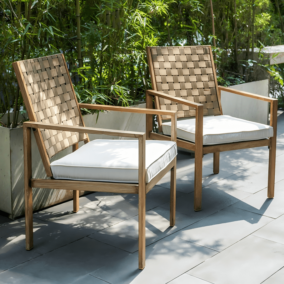 MOONMISS 2 Pack Patio Dining Chairs, Wood Grain Iron Frame Outdoor Chairs with Handmade Drawstring Design, Waterproof Removable Cushion, Ideal for Patio, Deck, Garden & Yard
