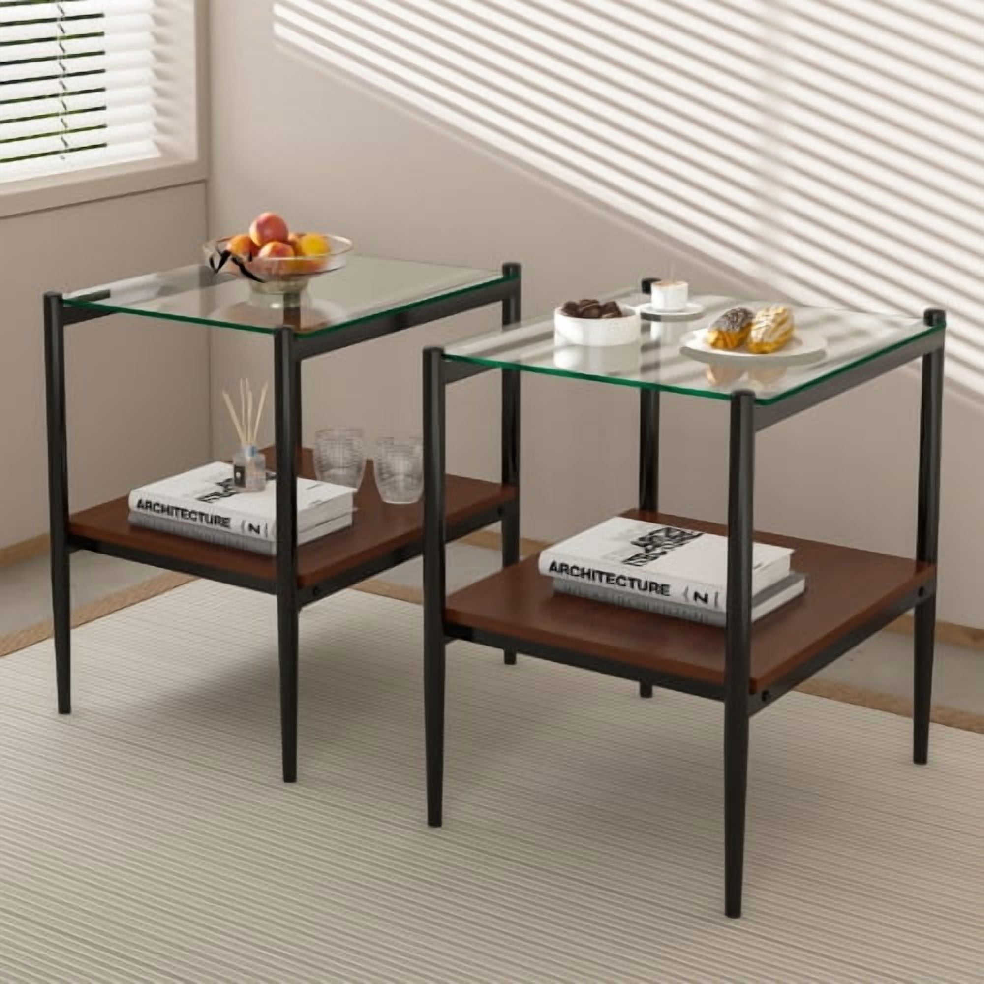 MOONMISS 2 Pack Rectangle End Table, Tempered Glass Top Side Table with MDF Frame, Modern Transparent Glass Accent Table for Living Room, Bedroom, Home Decor, Brown