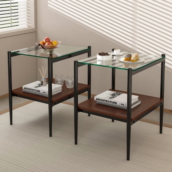 MOONMISS 2 Pack Rectangle End Table, Tempered Glass Top Side Table with MDF Frame, Modern Transparent Glass Accent Table for Living Room, Bedroom, Home Decor, Brown