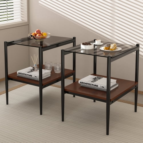 MOONMISS 2 Pack Rectangle End Table, Tempered Glass Top Side Table with MDF Frame, Modern Transparent Glass Accent Table for Living Room, Bedroom, Home Decor, Brown/Black