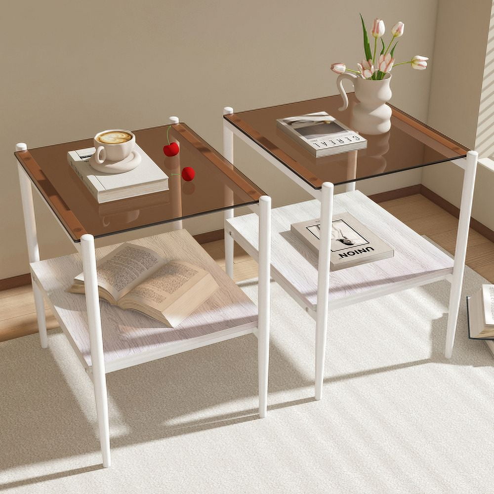 MOONMISS 2 Pack Rectangle End Table, Tempered Glass Top Side Table with MDF Frame, Modern Transparent Glass Accent Table for Living Room, Bedroom, Home Decor, White/Brown