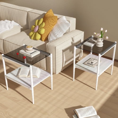 MOONMISS 2 Pack Rectangle End Table, Tempered Glass Top Side Table with MDF Frame, Modern Transparent Glass Accent Table for Living Room, Bedroom, Home Decor, White/Black