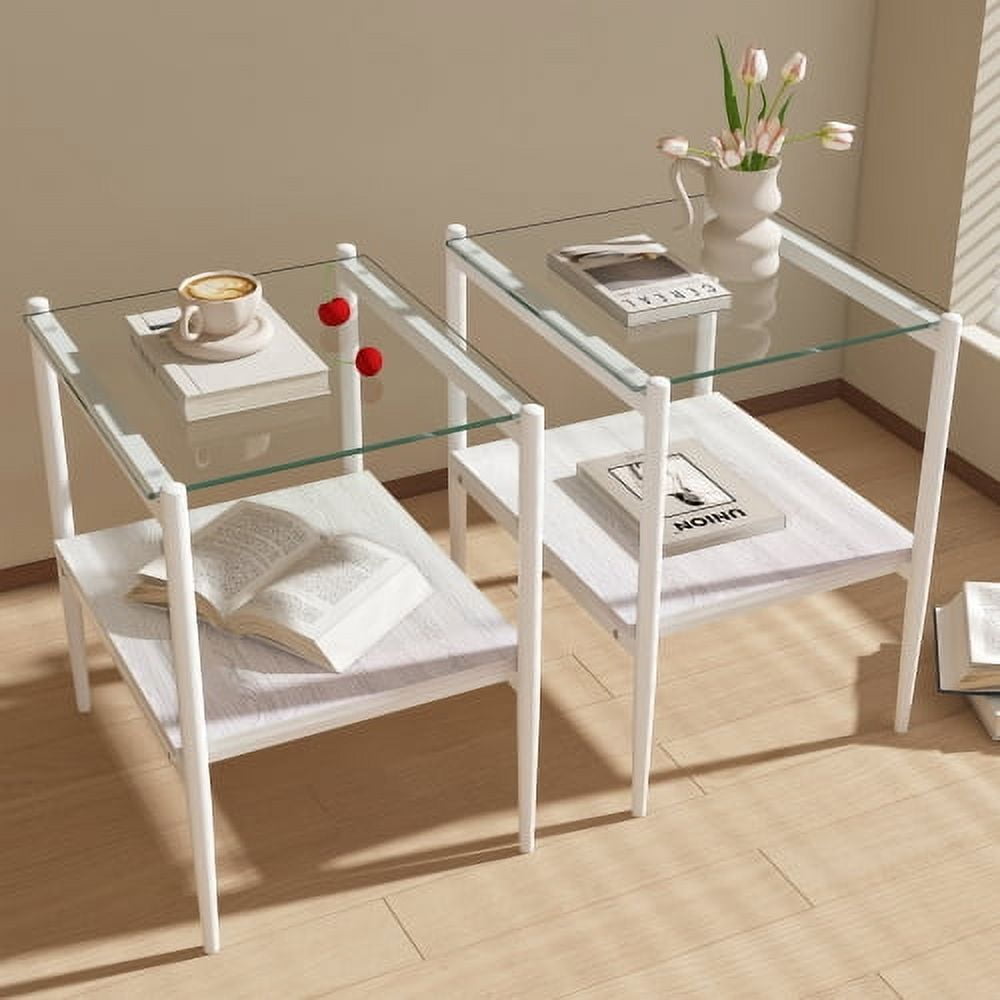 MOONMISS 2 Pack Rectangle End Table, Tempered Glass Top Side Table with MDF Frame, Modern Transparent Glass Accent Table for Living Room, Bedroom, Home Decor, White