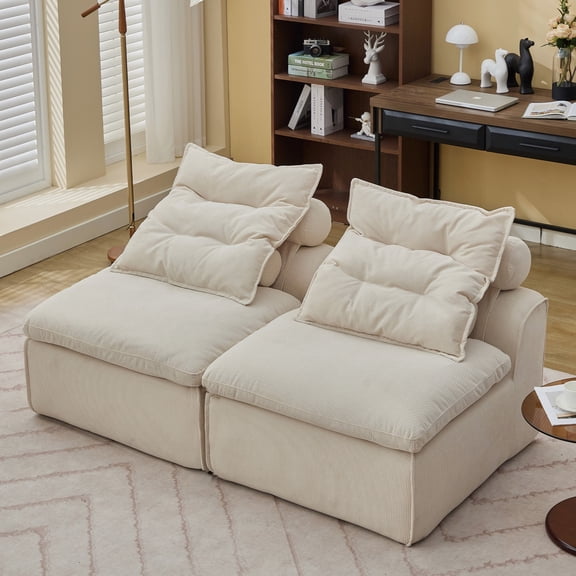MOONMISS 2-Seat Modular Corduroy Sofa Neck Lumbar Pillows DIY No Armrests for Apartment,Beige
