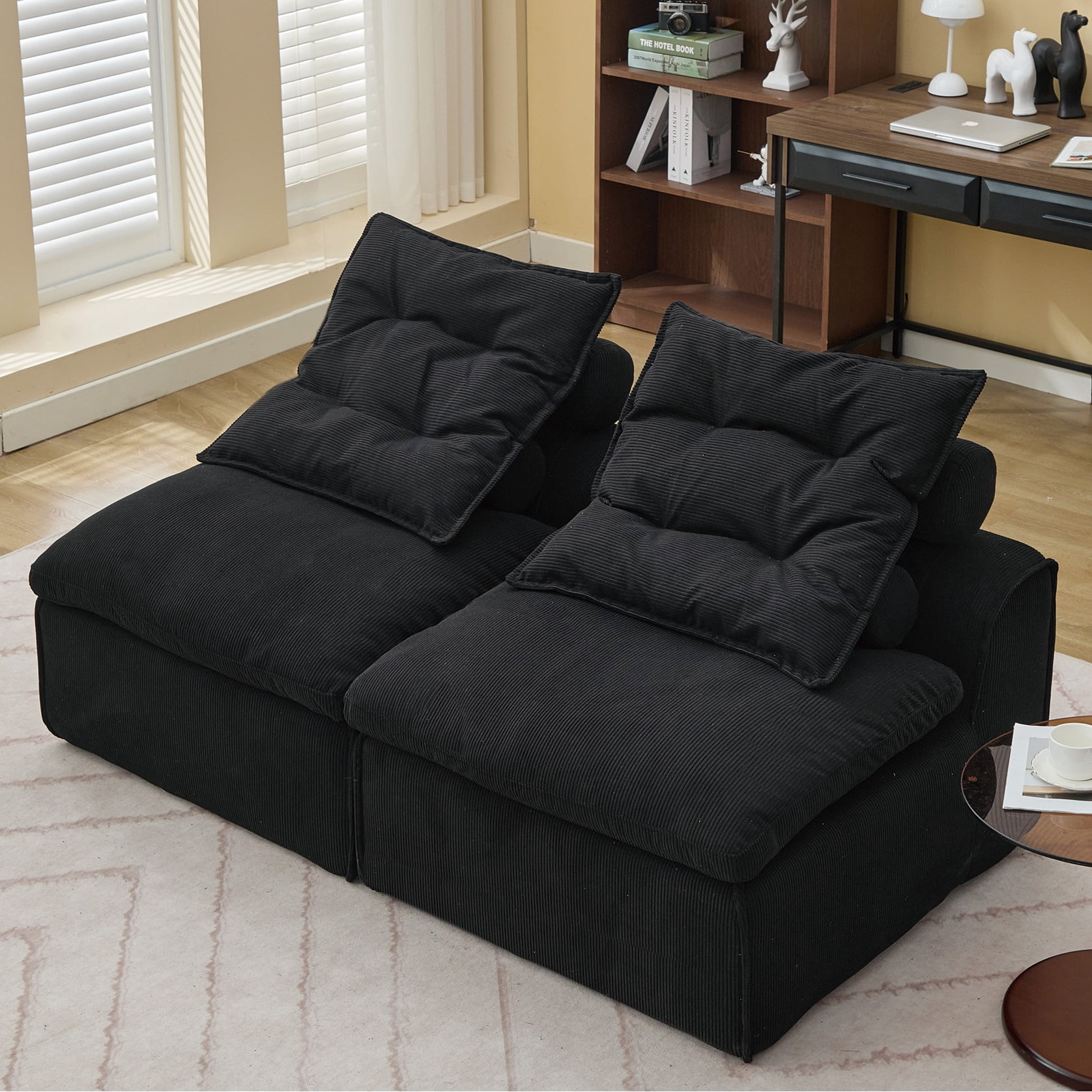 MOONMISS 2-Seat Modular Corduroy Sofa Neck Lumbar Pillows DIY No Armrests for Apartment,Black