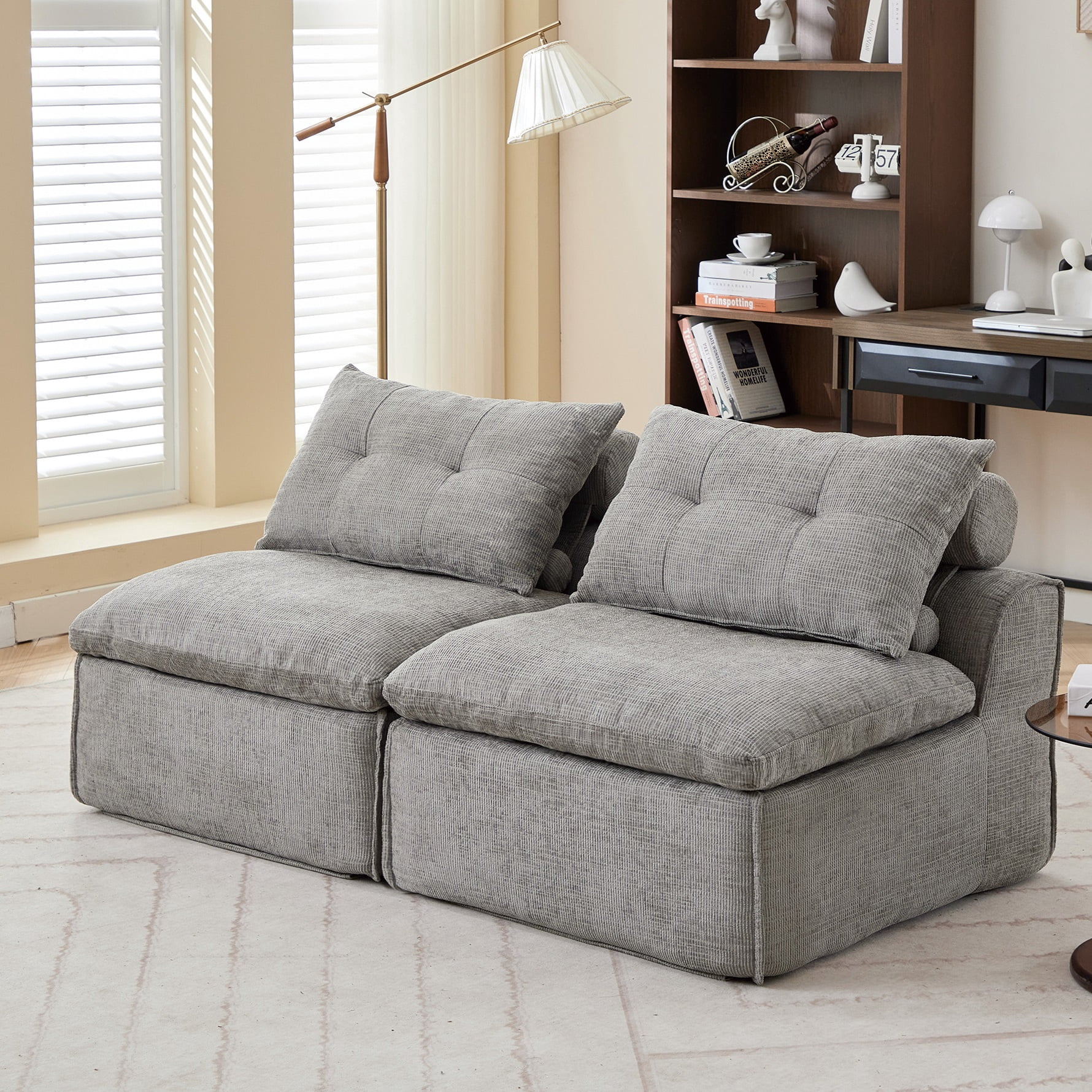 MOONMISS 2-Seat Modular Corduroy Sofa Neck Lumbar Pillows DIY No Armrests for Apartment,Gray