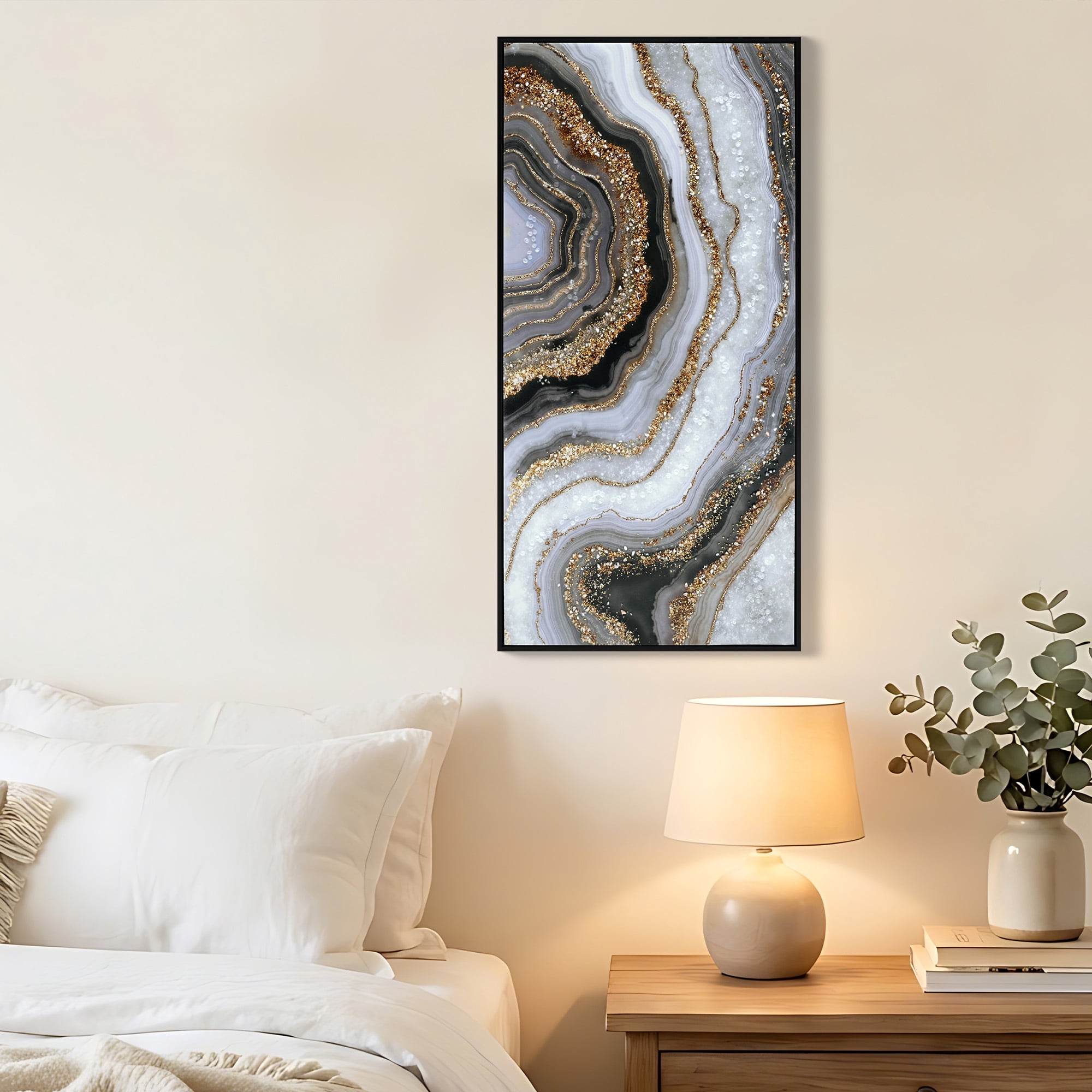 MOONMISS 20x40in Black Gold Abstract Painting Marble Texture Framed Canvas Wall Art Modern Minimalist Living Room Bedroom Decor