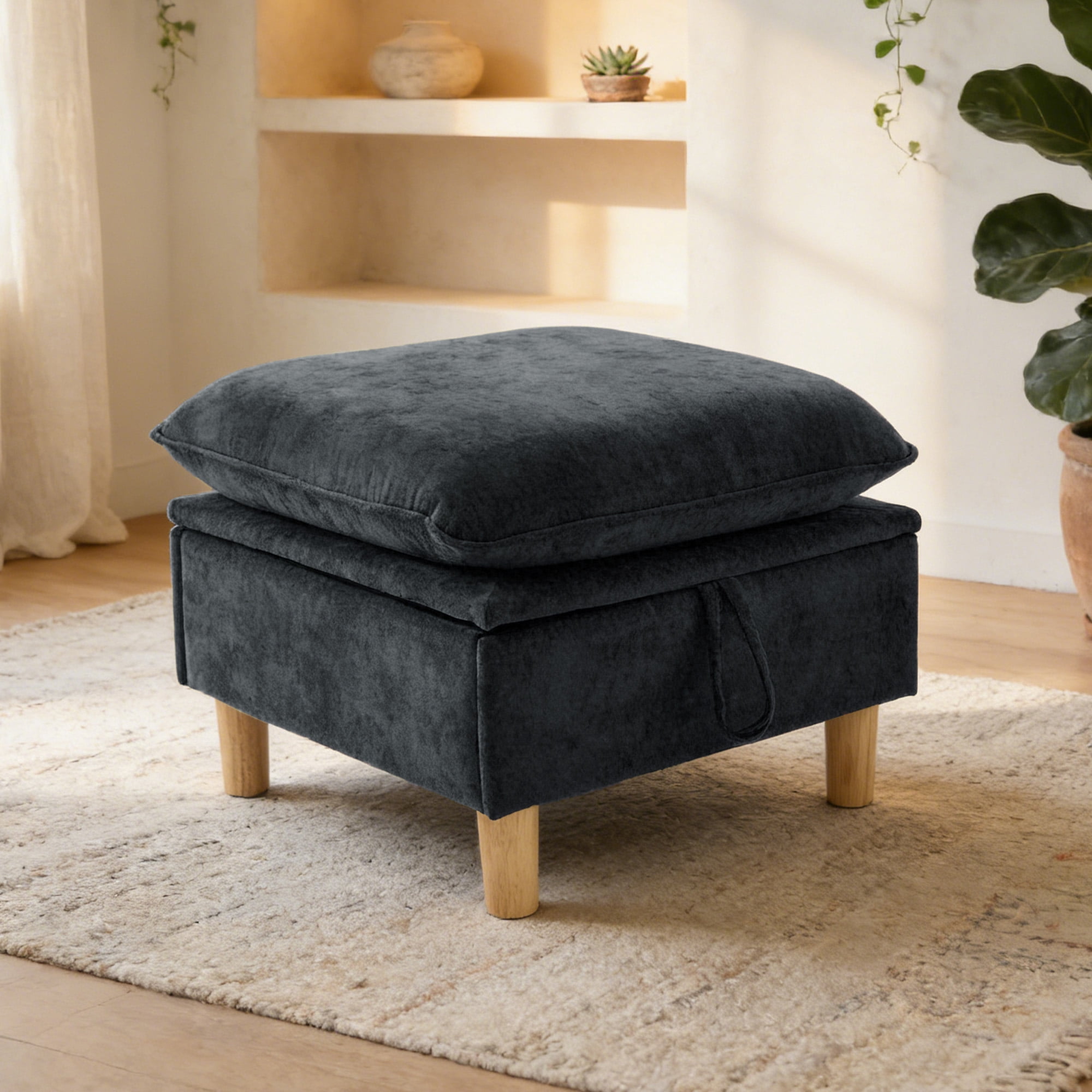 MOONMISS 23.6" Chenille Storage Ottoman with Solid Wood Legs,Large Capacity Footrest Stool,High-Rebound Foam Cushion for Living Room,Bedroom,Small Spaces