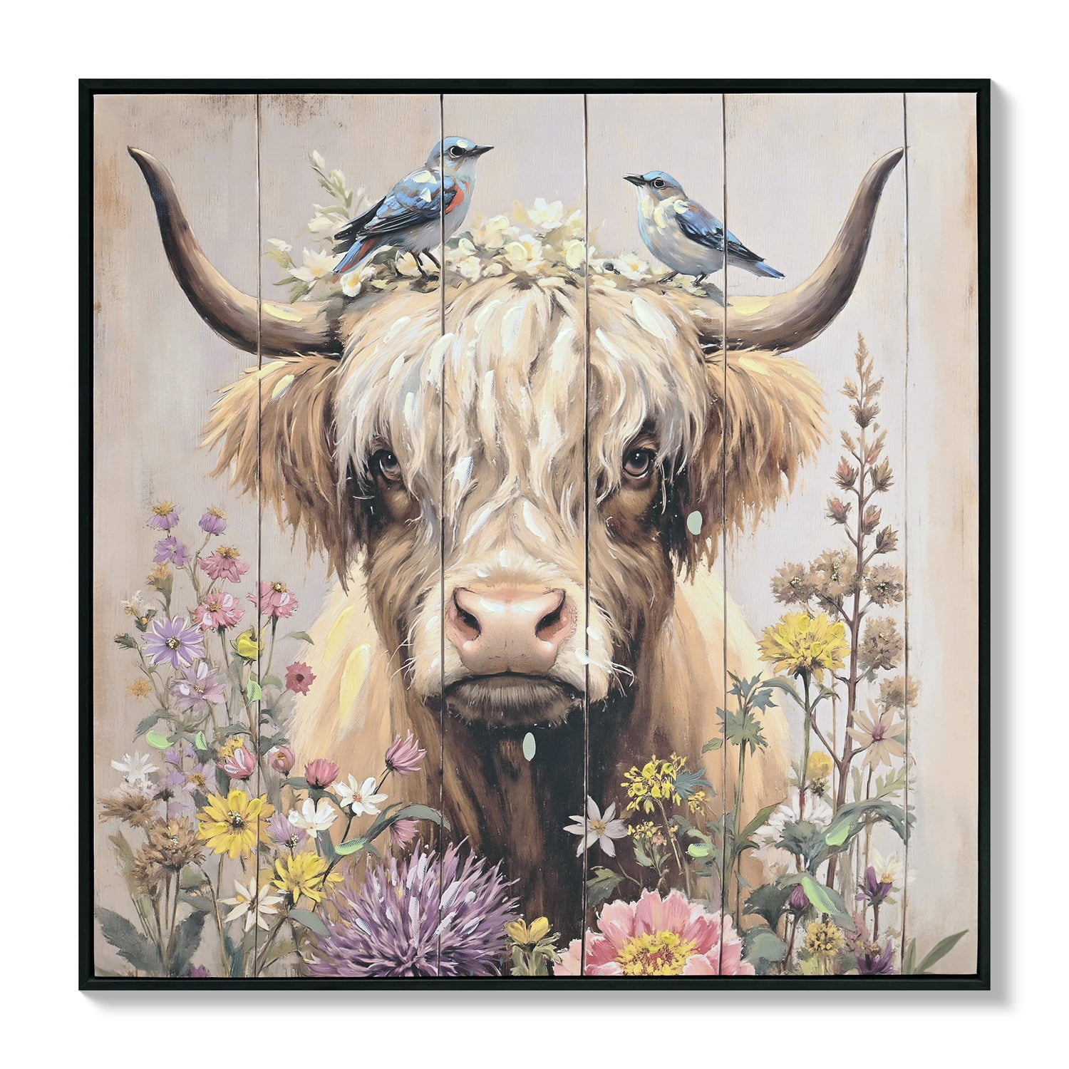 MOONMISS 24x24 Farmhouse Highland Cow Canvas Art Rustic Chrysanthemum Neutral Living Room Bathroom Kitchen Decor