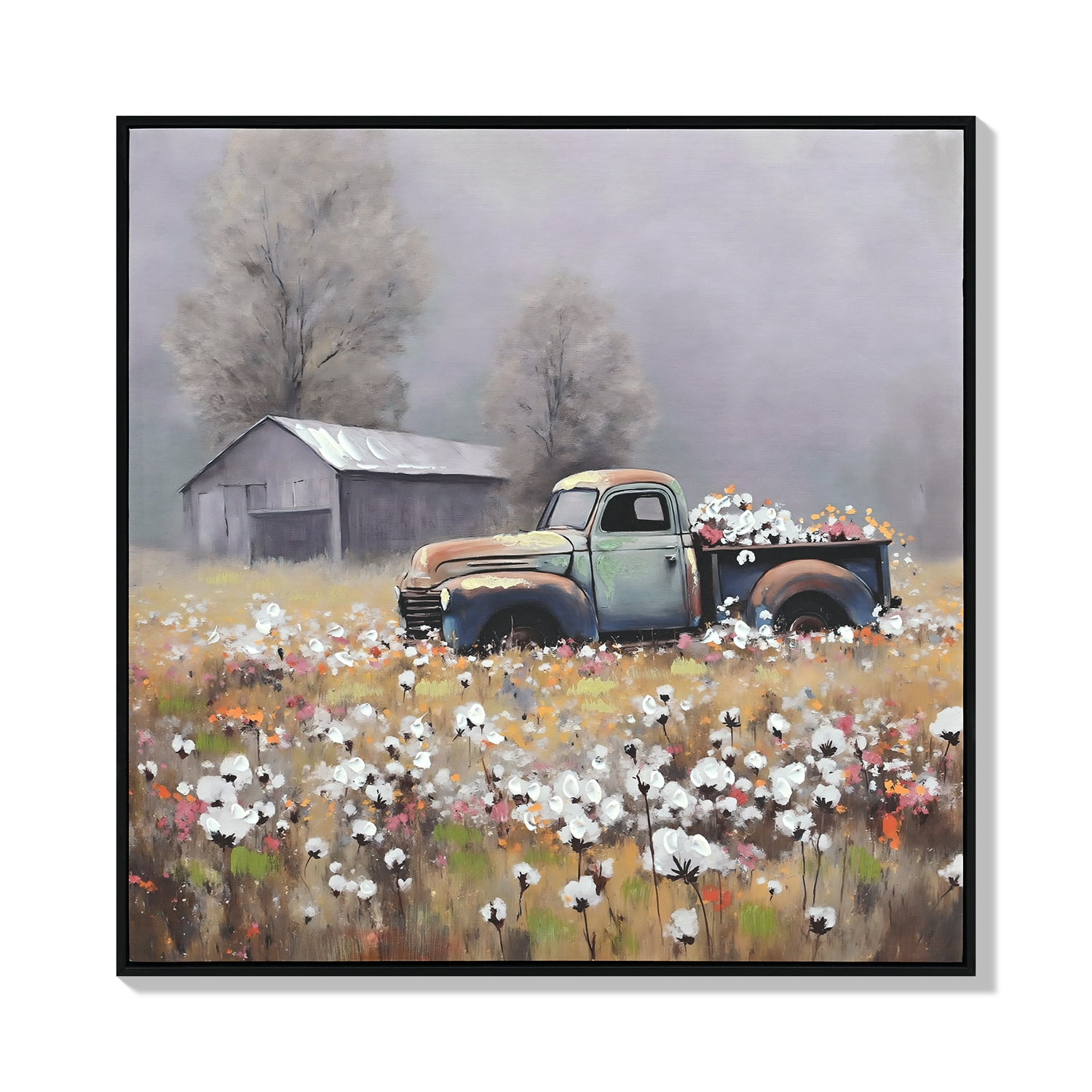 MOONMISS 24x24 Farmhouse Vintage Truck Canvas Wall Art Blue Red Floral Country Rustic Living Room Decor