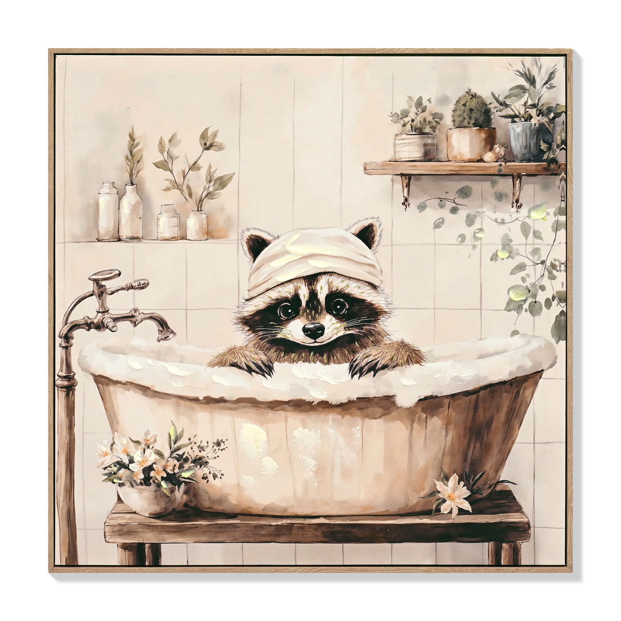 MOONMISS 24x24in Raccoon in Bathtub Canvas Print Framed Black White Funny Animal Bathroom Wall Art Home Decor