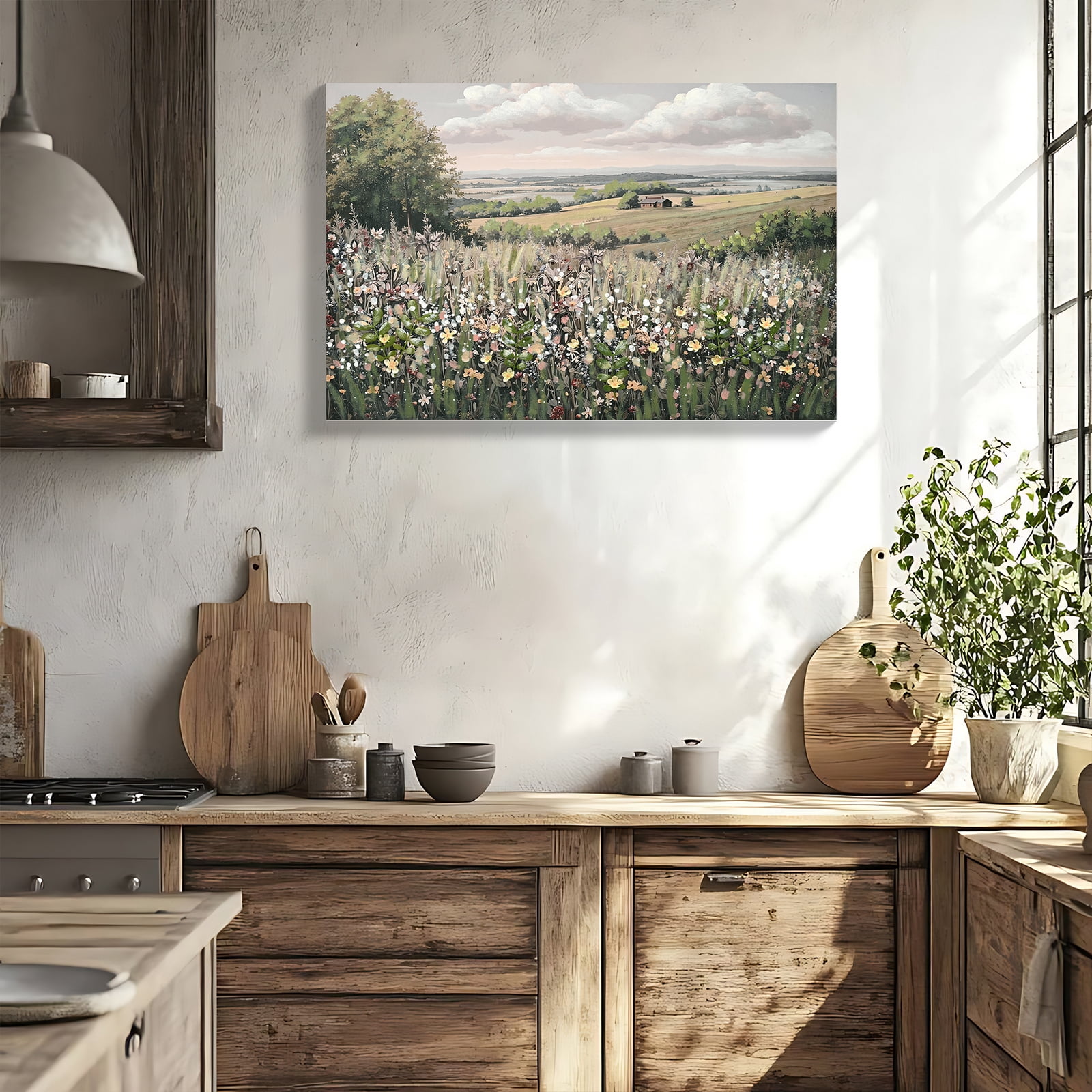 MOONMISS 24x36in Meadow Flower Painting Framed Canvas Wall Art Vintage Farmhouse Cottagecore Living Room Bedroom Decor Green