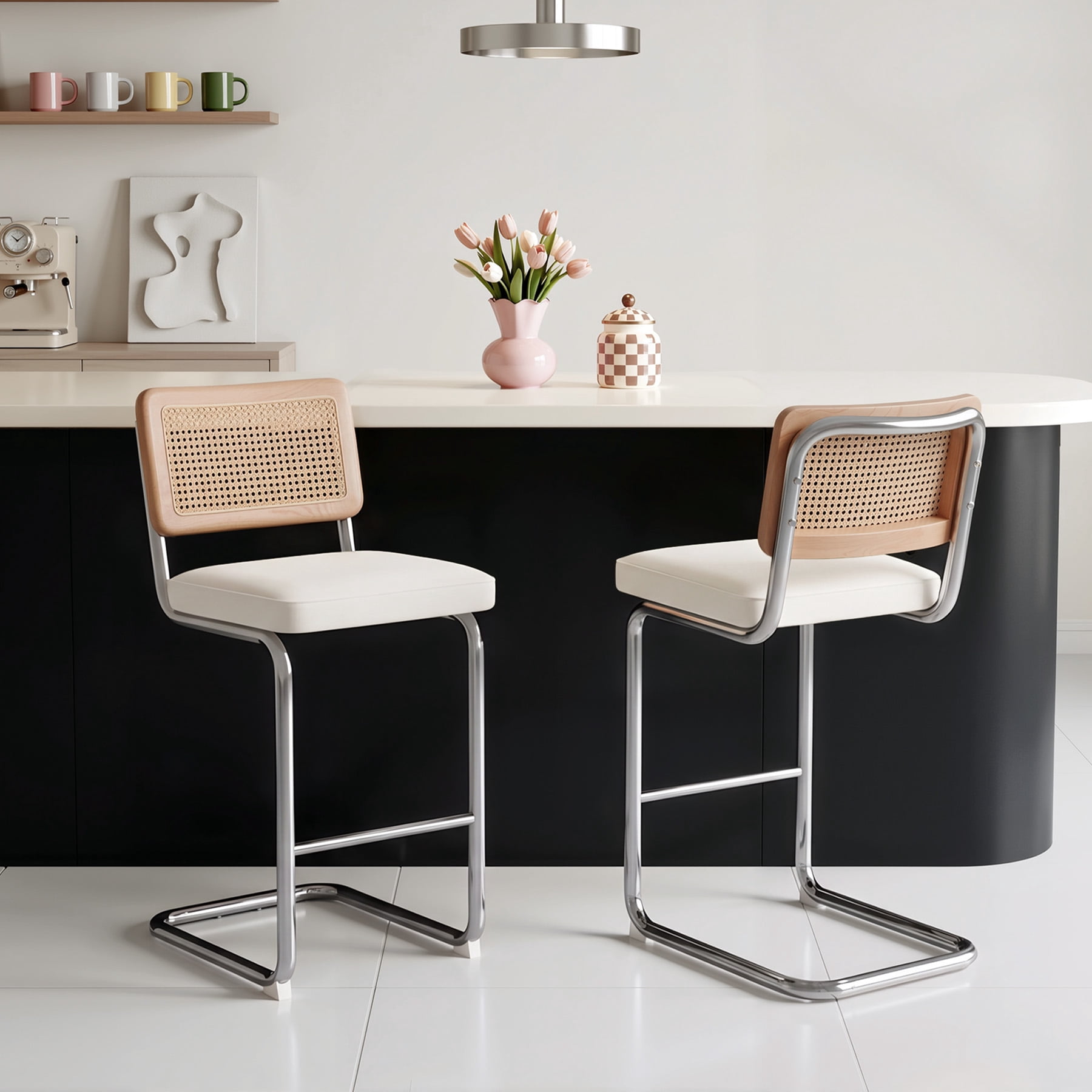 MOONMISS 25.6″ Bar Stools Set of 2,Velvet Counter Height Chairs with Rattan Back & Metal Legs,Mid Century Cantilevered Design for Kitchen Island,Beige