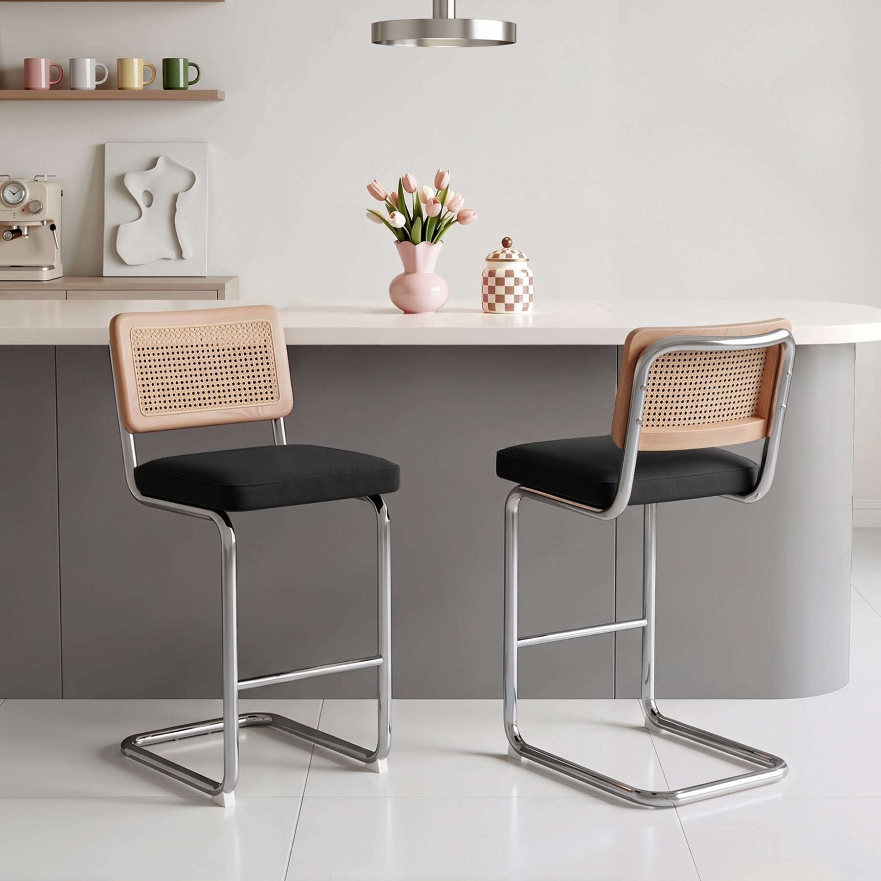 MOONMISS 25.6″ Bar Stools Set of 2,Velvet Counter Height Chairs with Rattan Back & Metal Legs,Mid Century Cantilevered Design for Kitchen Island,Black