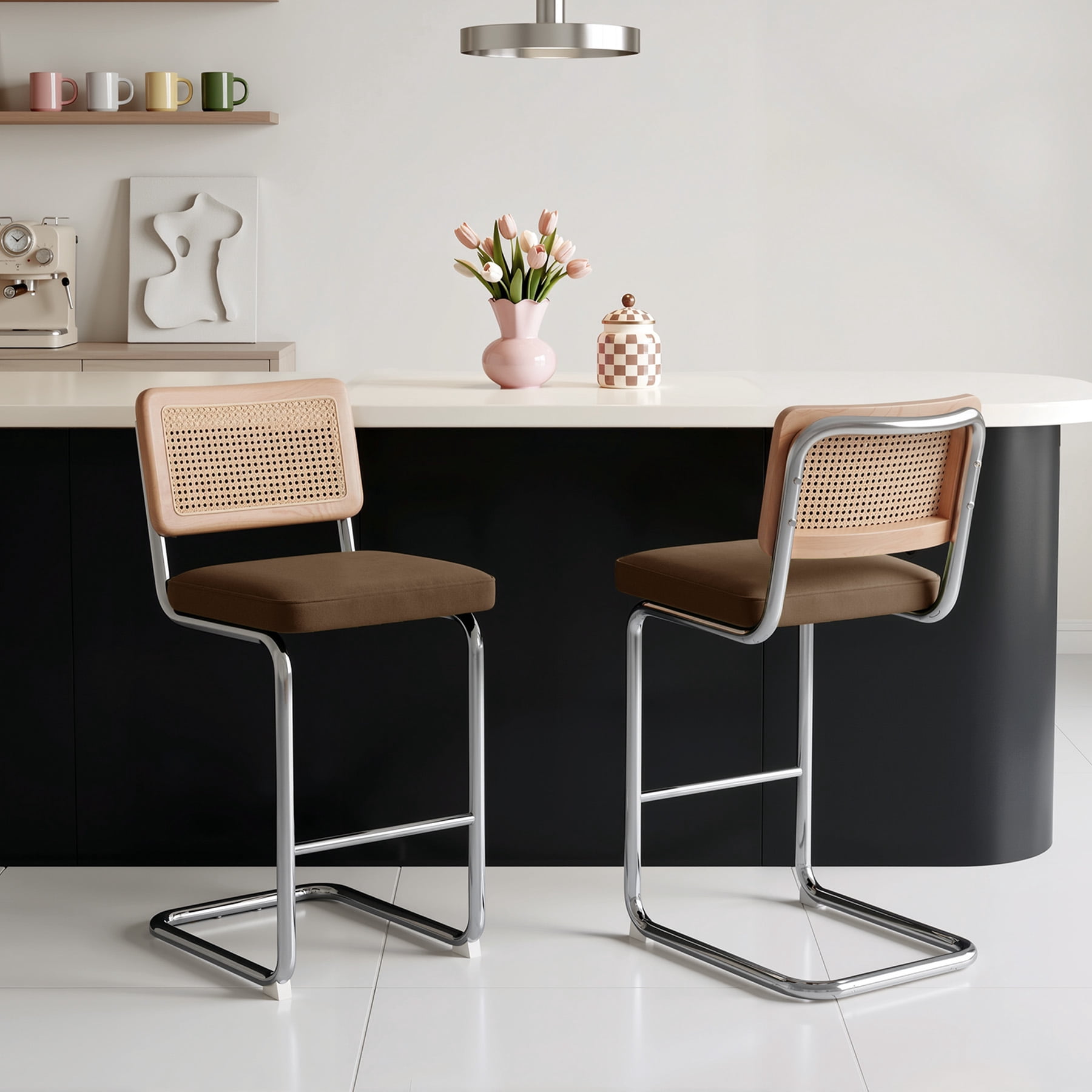MOONMISS 25.6″ Bar Stools Set of 2,Velvet Counter Height Chairs with Rattan Back & Metal Legs,Mid Century Cantilevered Design for Kitchen Island,Brown