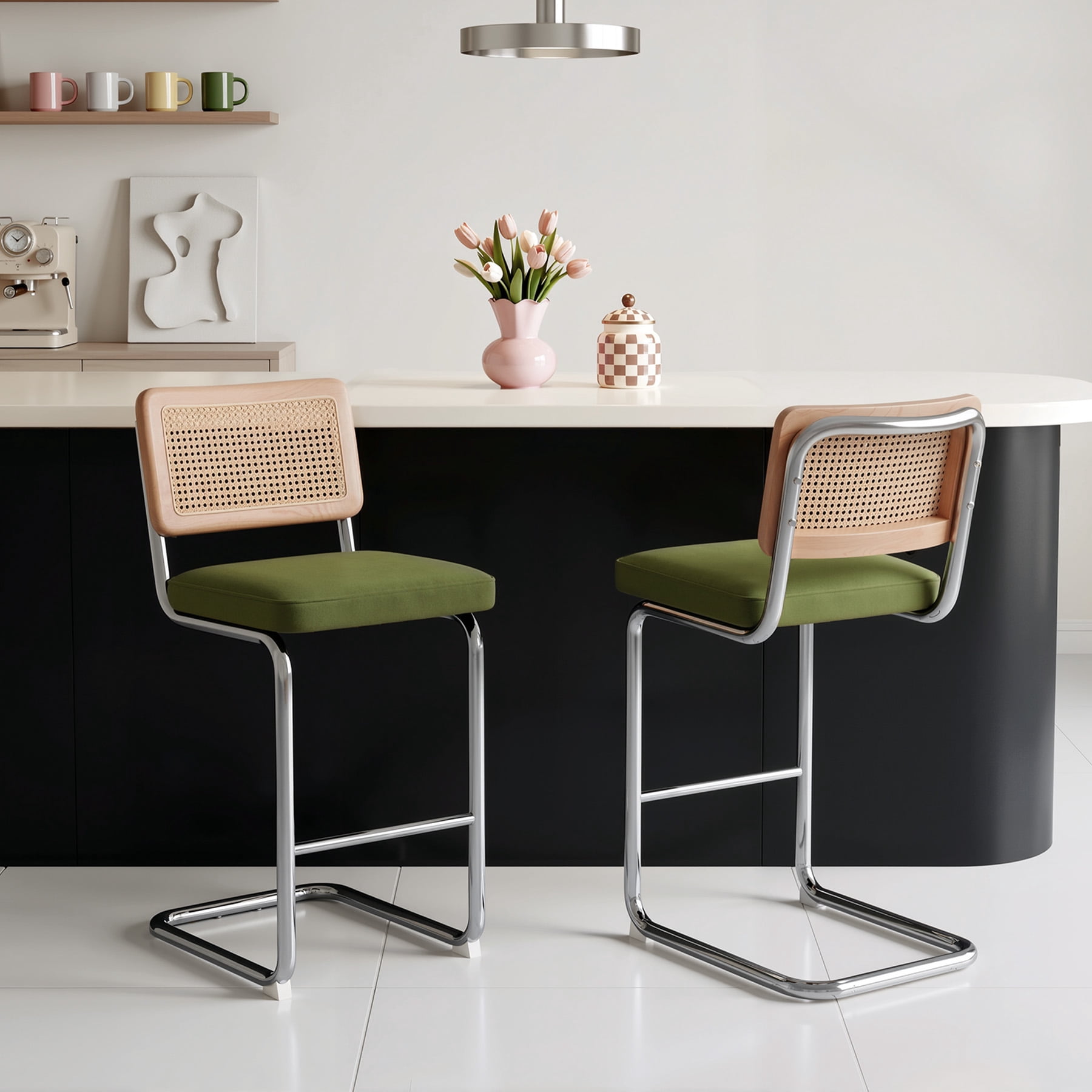 MOONMISS 25.6″ Bar Stools Set of 2,Velvet Counter Height Chairs with Rattan Back & Metal Legs,Mid Century Cantilevered Design for Kitchen Island,Green