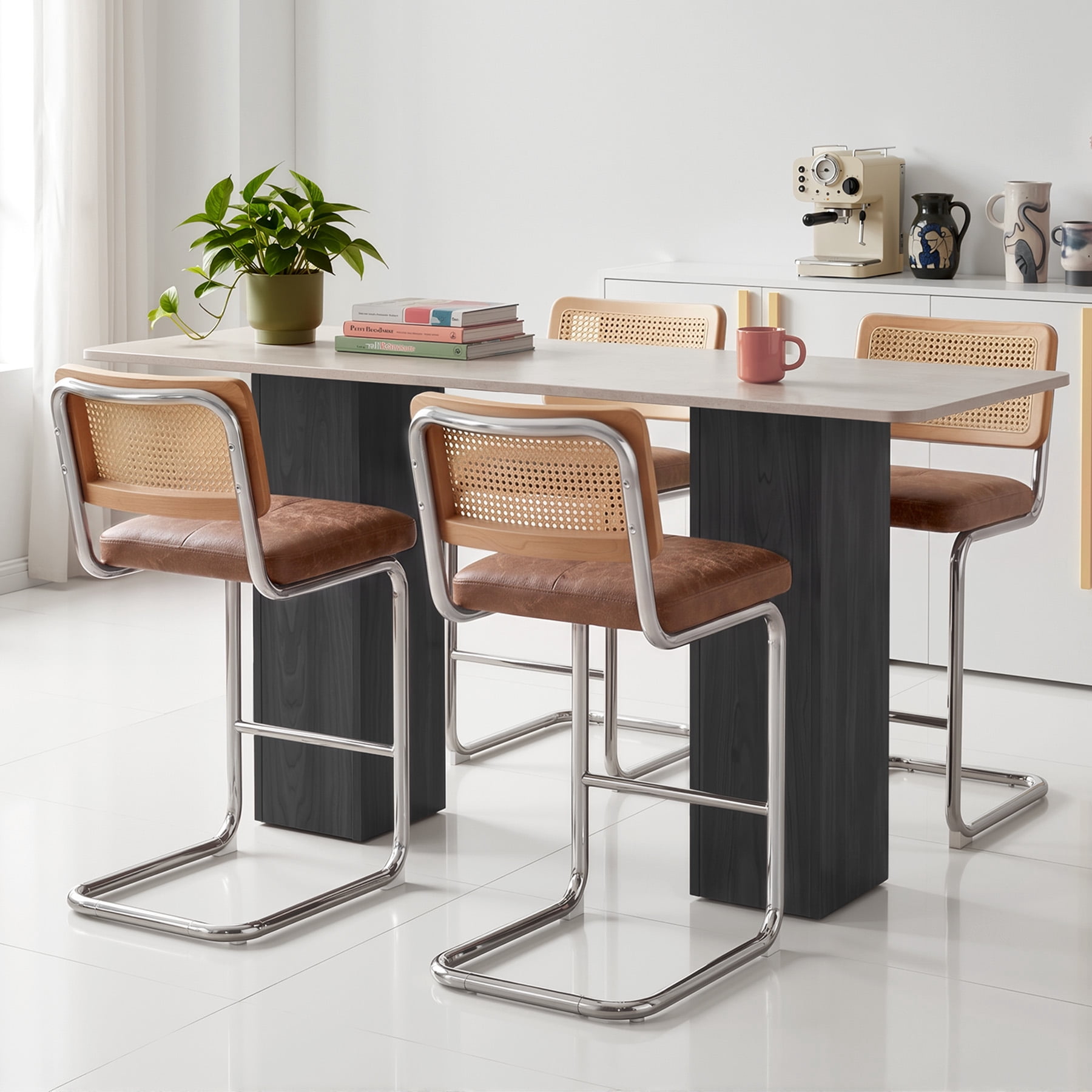 MOONMISS 25.6″ Bar Stools Set of 4,Leather Counter Height Chairs with Rattan Back & Metal Legs,Mid Century Cantilevered Design for Kitchen Island,Brown