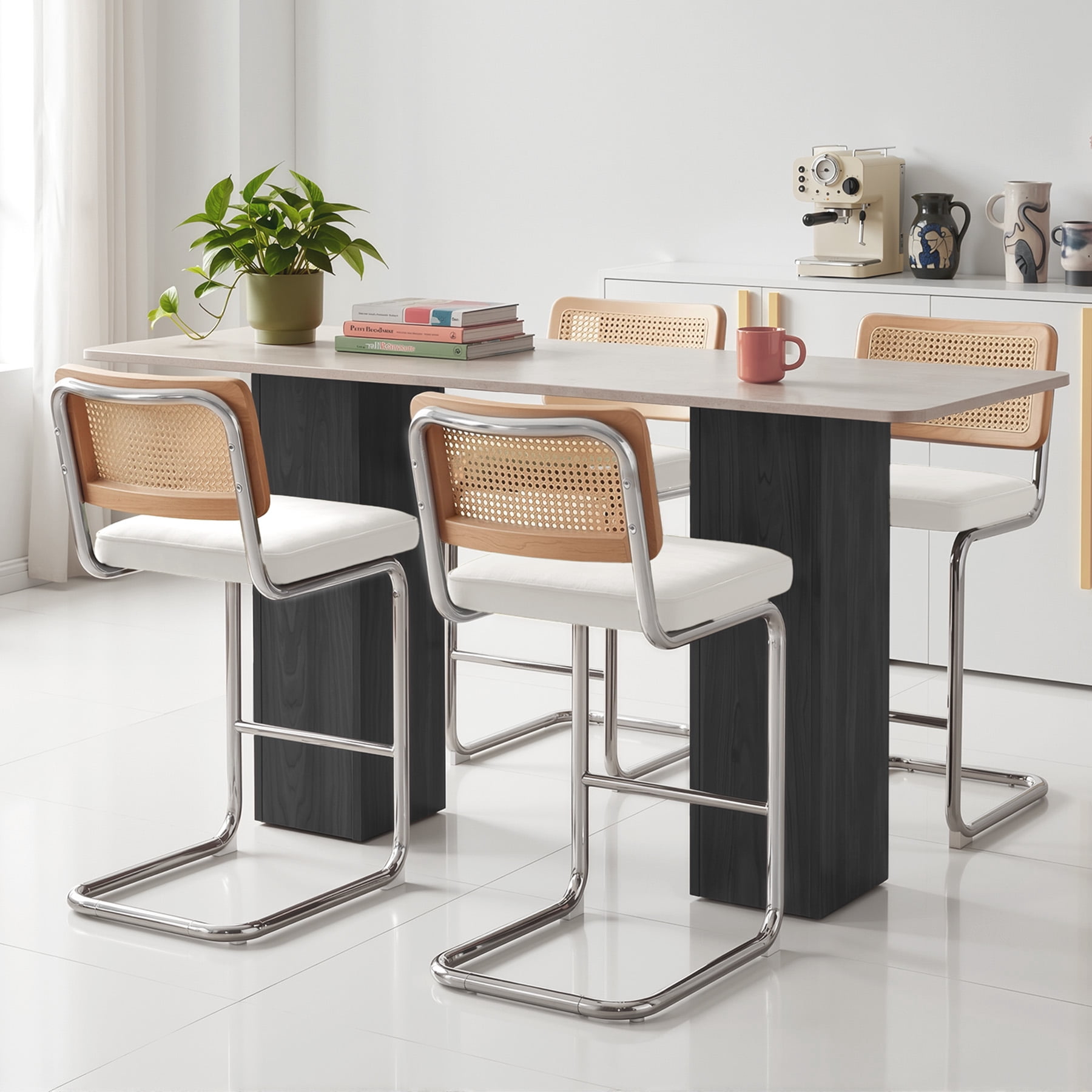 MOONMISS 25.6″ Bar Stools Set of 4,Velvet Counter Height Chairs with Rattan Back & Metal Legs,Mid Century Cantilevered Design for Kitchen Island,Beige