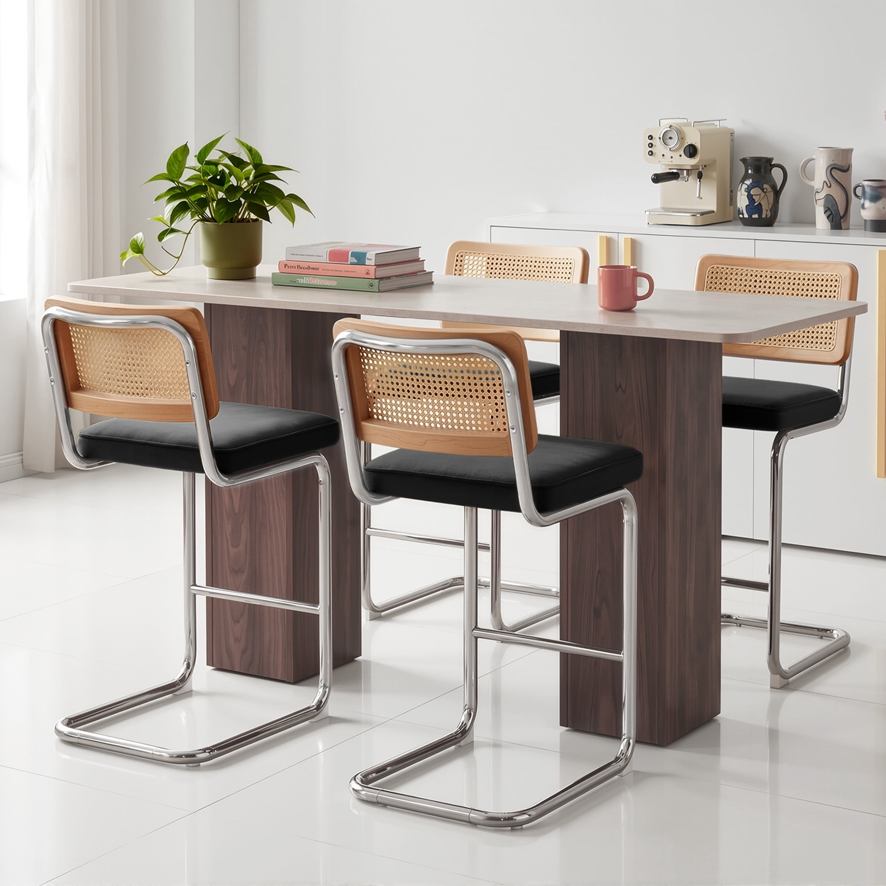MOONMISS 25.6″ Bar Stools Set of 4,Velvet Counter Height Chairs with Rattan Back & Metal Legs,Mid Century Cantilevered Design for Kitchen Island,Black
