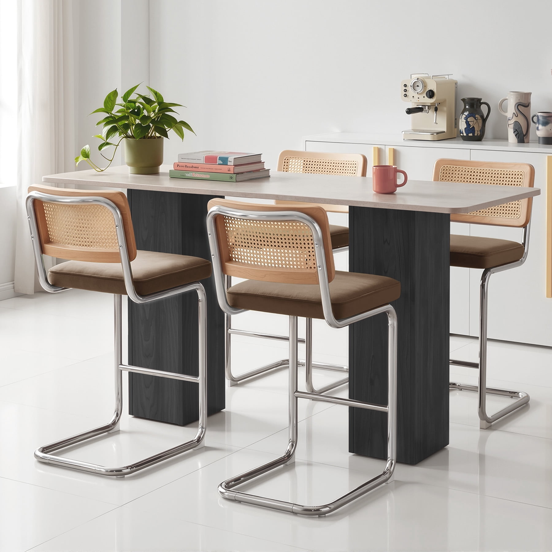 MOONMISS 25.6″ Bar Stools Set of 4,Velvet Counter Height Chairs with Rattan Back & Metal Legs,Mid Century Cantilevered Design for Kitchen Island,Brown