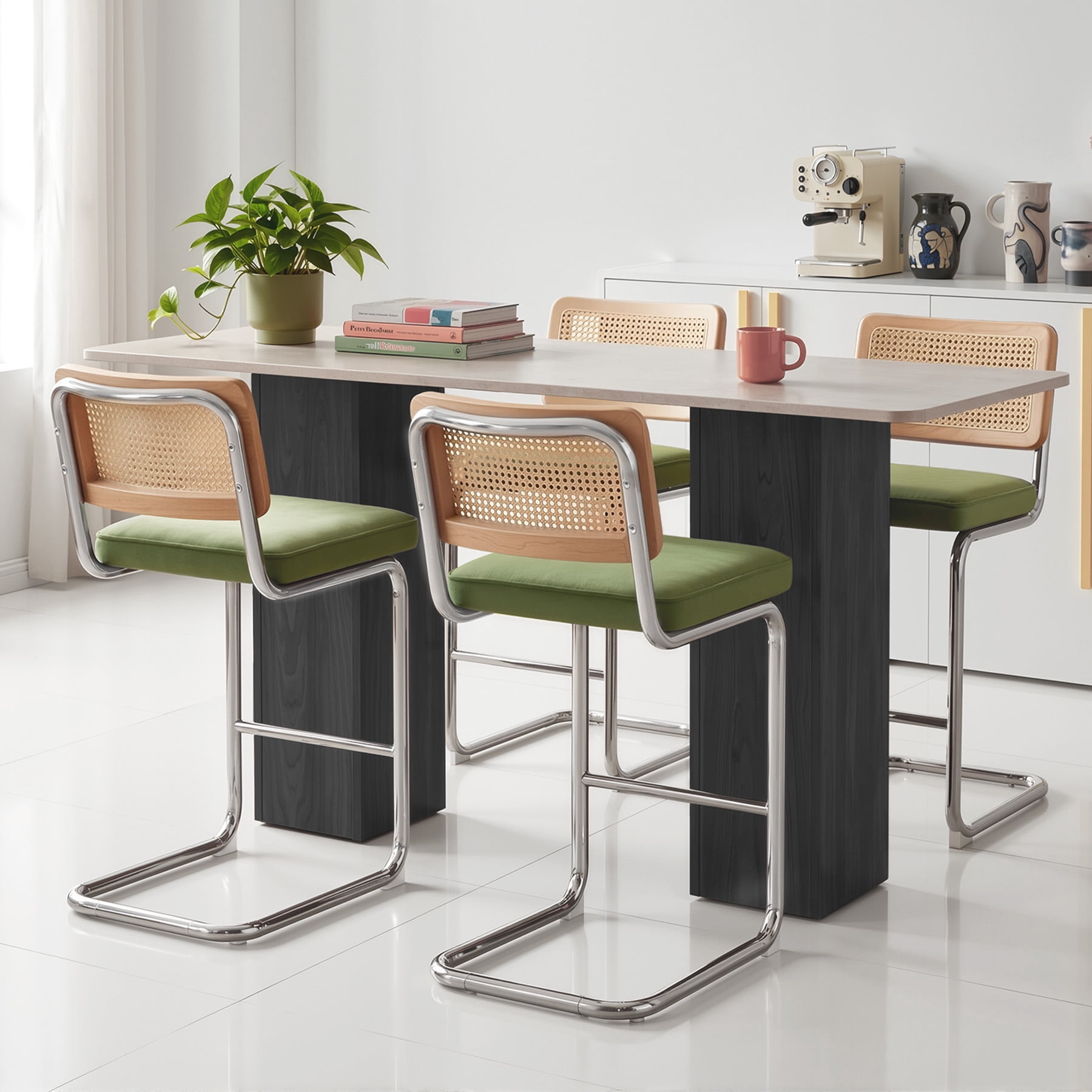 MOONMISS 25.6″ Bar Stools Set of 4,Velvet Counter Height Chairs with Rattan Back & Metal Legs,Mid Century Cantilevered Design for Kitchen Island,Green