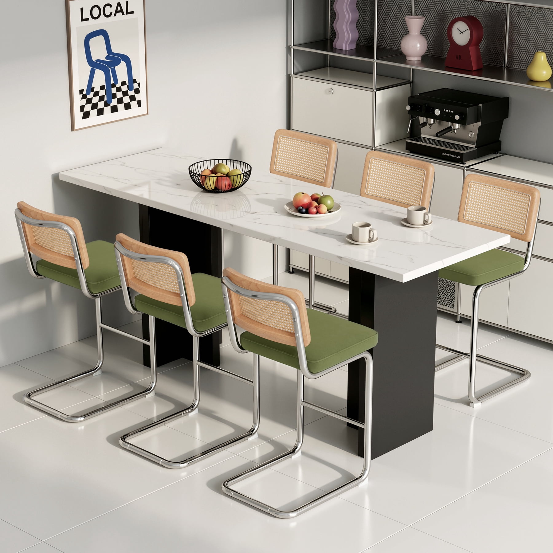 MOONMISS 25.6″ Bar Stools Set of 6,Velvet Counter Height Chairs with Rattan Back & Metal Legs,Mid Century Cantilevered Design for Kitchen Island,Green
