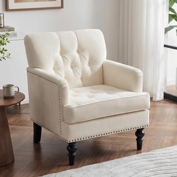 MOONMISS 26.4" Wide Accent Chair,tufted Club Chair With Linen Fabric,upholstered Button Armchair For Bedroom, Living Room,Beige