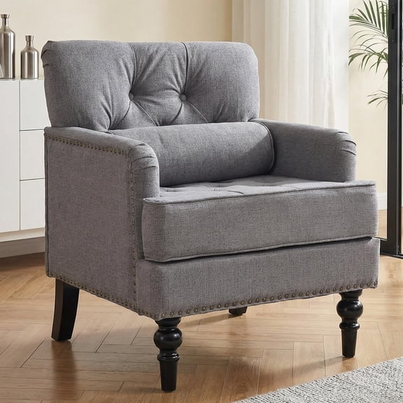 MOONMISS 26.4" Wide Accent Chair,tufted Club Chair With Linen Fabric,upholstered Button Armchair For Bedroom, Living Room,Gray