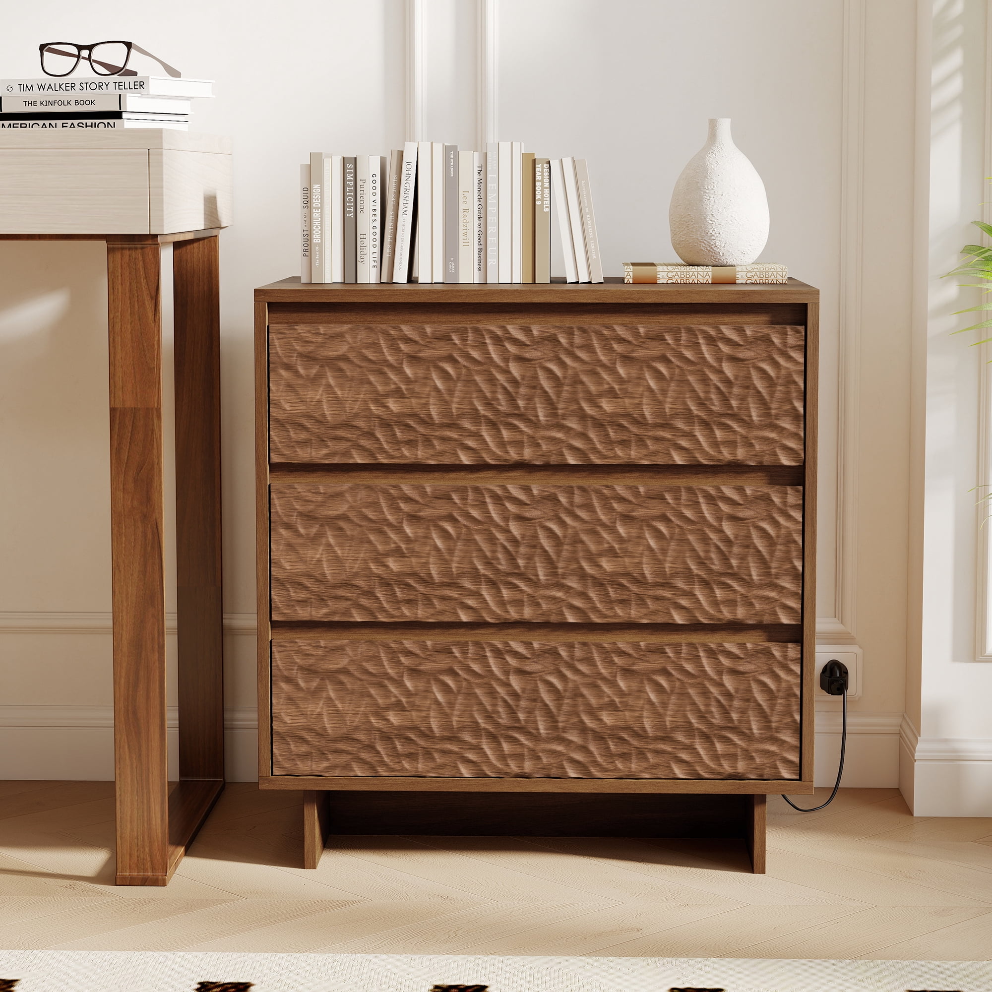 MOONMISS 3 Drawers Nightstand with Charging Station, Wood Night Stand with Waterproof Table Top for Bedroom, Livingroom, Dark Walnut