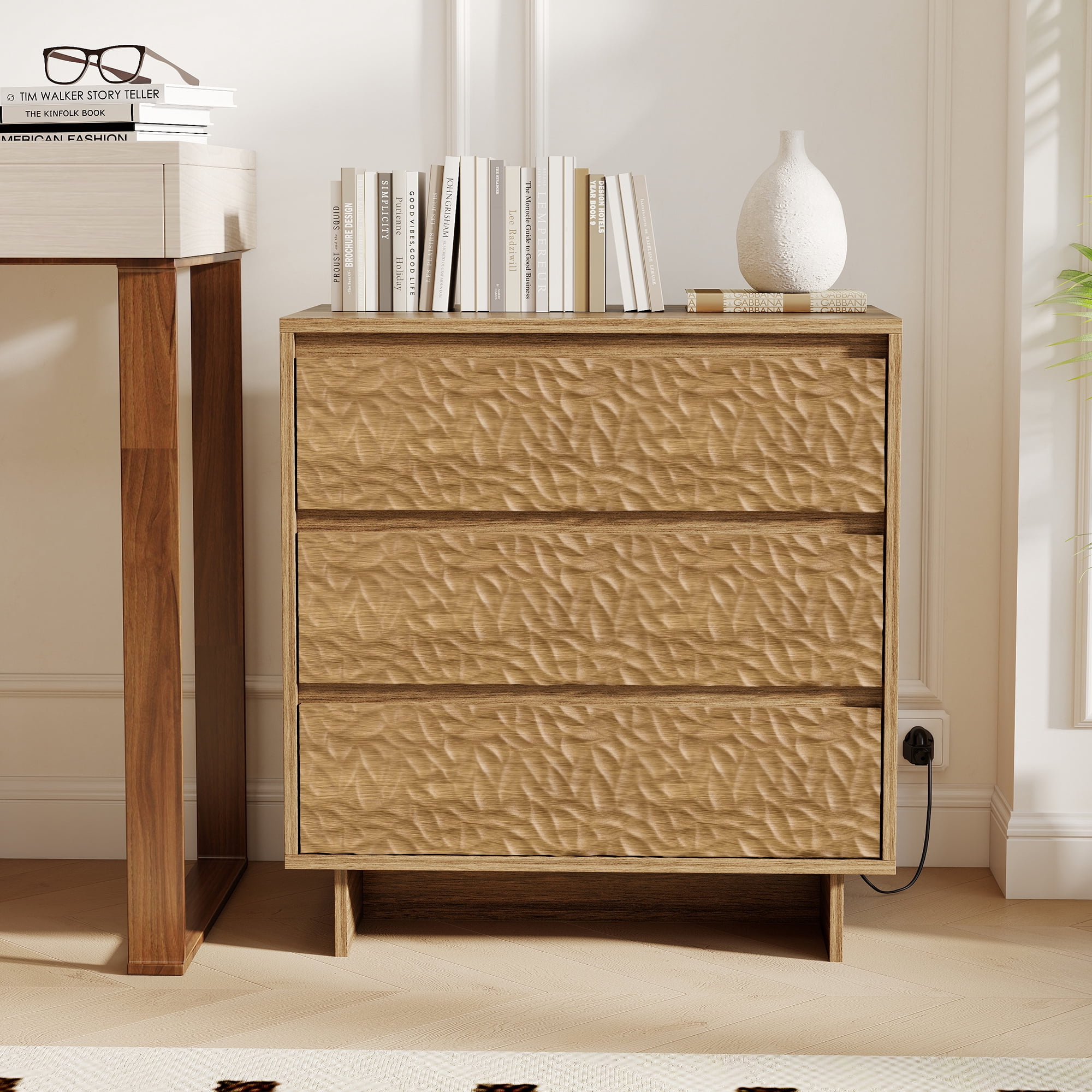 MOONMISS 3 Drawers Nightstand with Charging Station, Wood Night Stand with Waterproof Table Top for Bedroom, Livingroom, Natural Wood