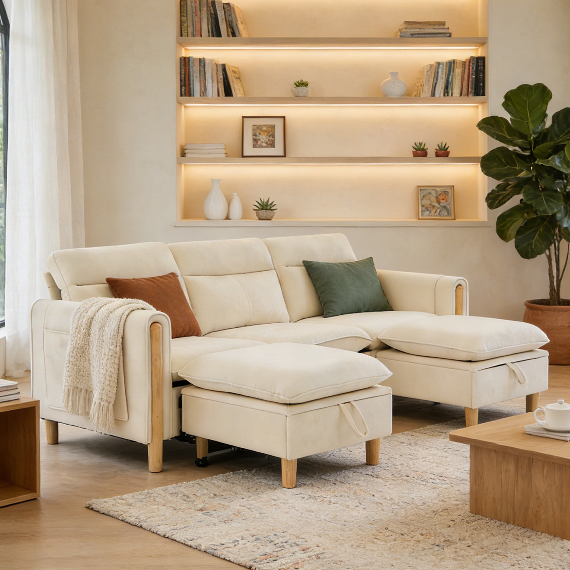 MOONMISS 3-Seater Chenille Sectional Sofa with 2 Storage Ottoman & Side Pocket Convertible Chaise Lounge for Living Room,Beige